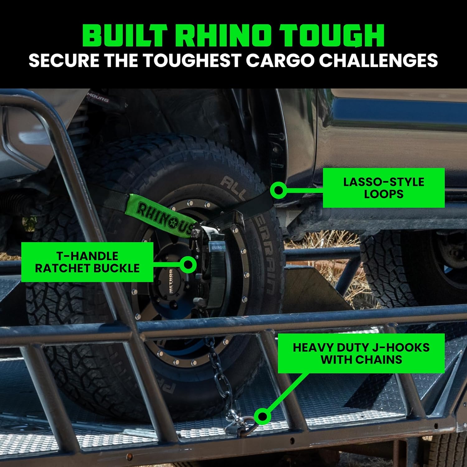 Car Tie Down Straps for Trailers with Flat Hooks (4-Pack) - 2 Inch x 8 Feet (10,000lb Break Strength) - Heavy Duty T-Handle Car Lasso Tire Straps for Trailer & UTV - Black