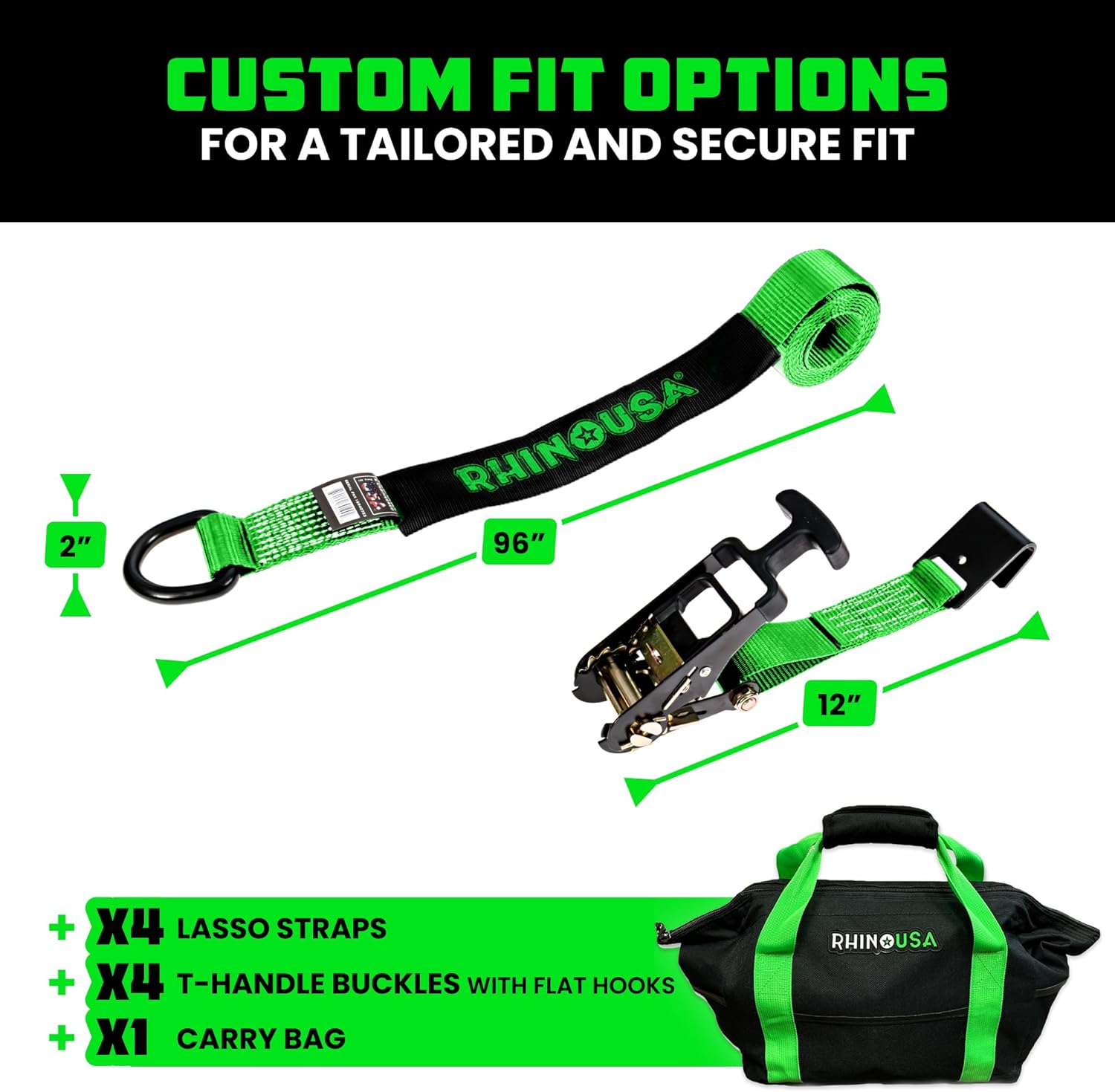 Car Tie Down Straps for Trailers with Flat Hooks (4-Pack) - 2 Inch x 8 Feet (10,000lb Break Strength) - Heavy Duty T-Handle Car Lasso Tire Straps for Trailer & UTV - Black