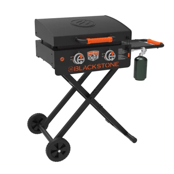 1935  Scissor-Leg Two Burners Gas Hood, Wheels, Side Shelf Heavy Duty Outdoor Stainless Steel Griddle for Backyard, Patio Camping, 22, Black