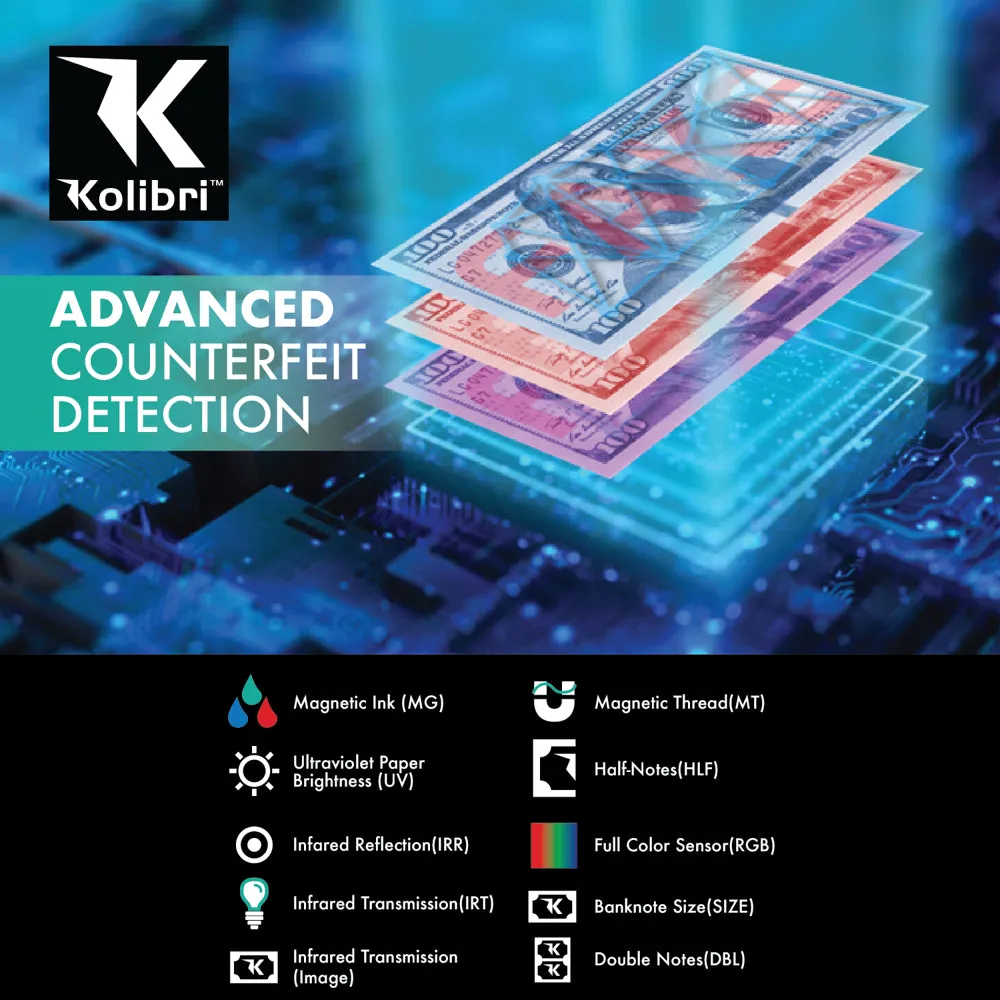 Kolibri Bill Counter: 1,500 bills per min, advanced counterfeit detection, set up in minutes