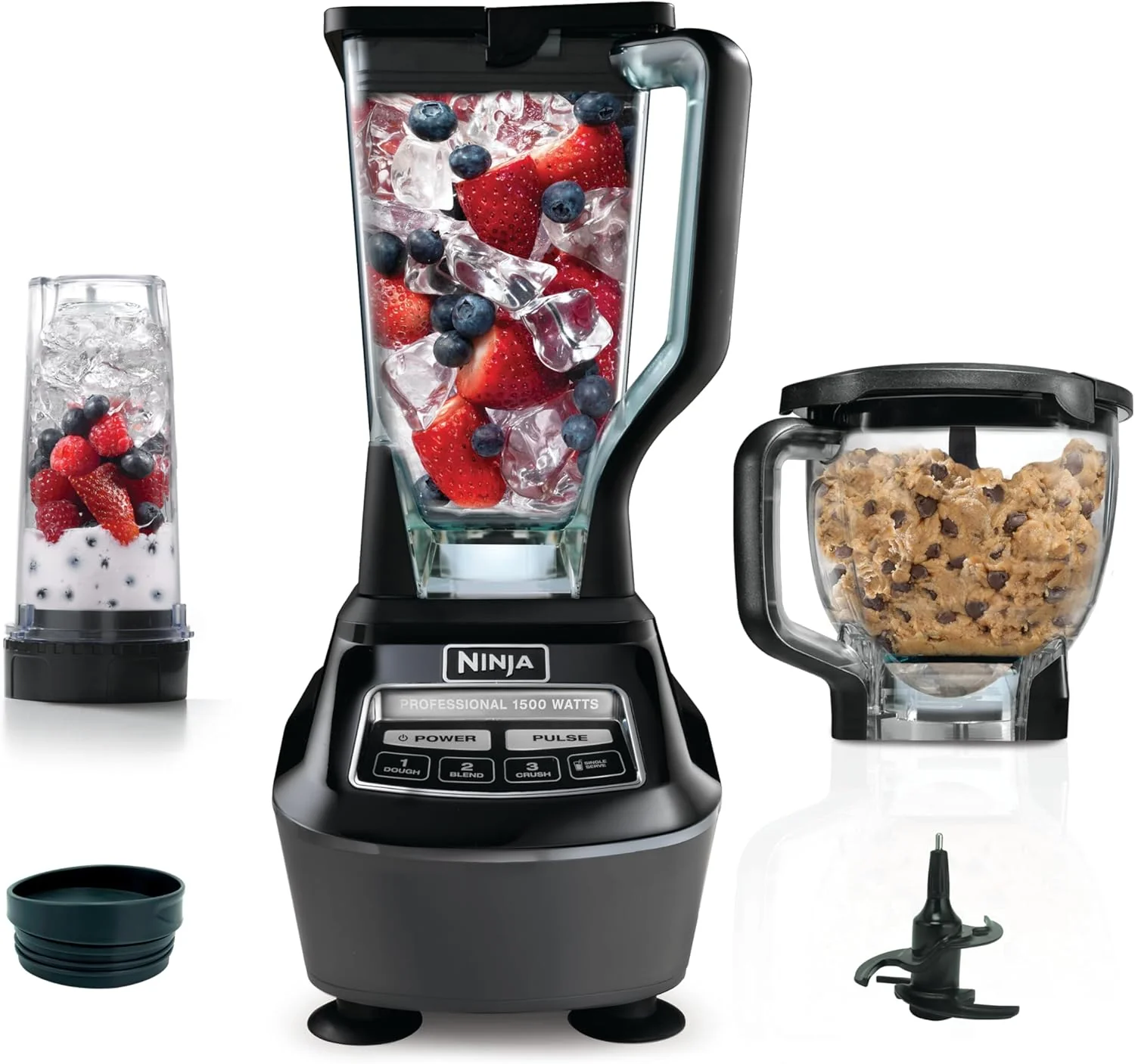 Blender, Mega Kitchen System, 1500W, 4 Functions for Smoothies, Processing, Dough, Drinks & More, with 72 Blender Pitcher, 64 Processor Bowl, 2 Nutri Cups + Lids, Black, BL770