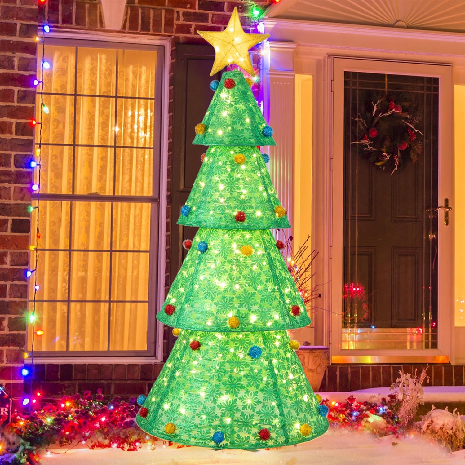 2025 Tangkula 6.5 FT Pop-Up Lighted Christmas Tree, Artificial Xmas with 200 Warm White LED Lights, Collapsible Decoration, Fabric Celebration for Indoors & Outdoors