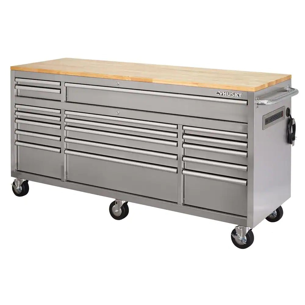 2025 72 in 18-Drawer 24 in. D Mobile Workbench with Solid Wood Top Stainless Steel