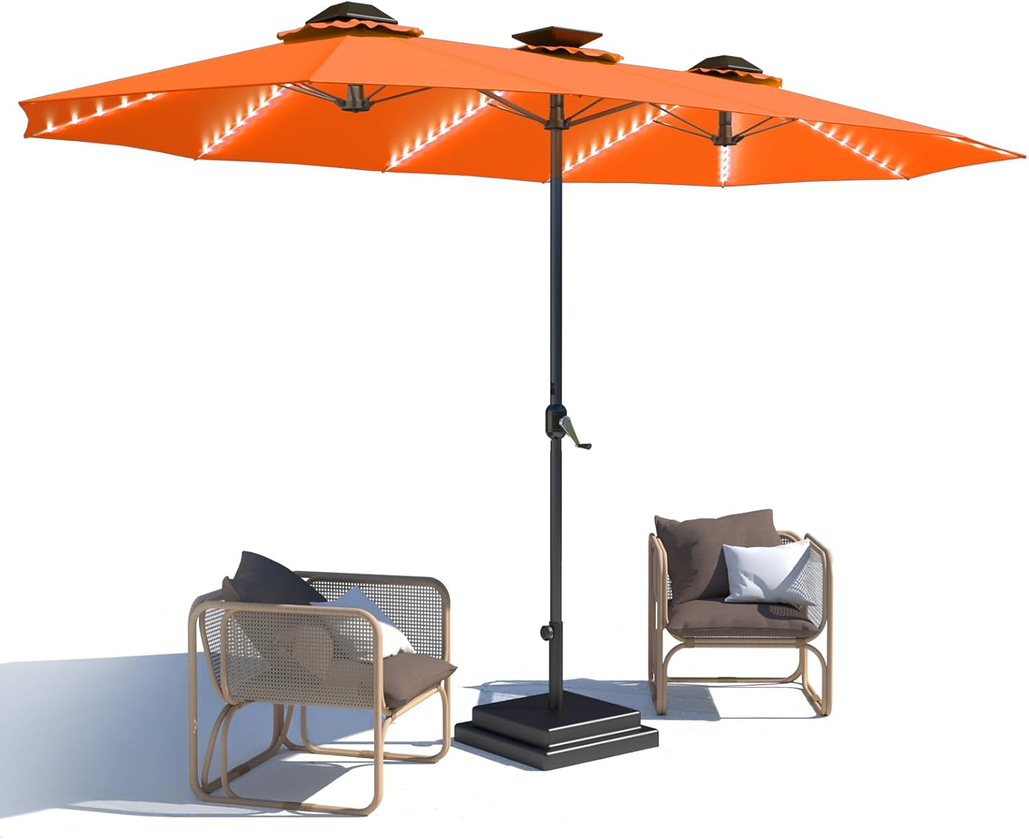 15ft Patio Umbrella with Solar Lights, Large Double Umbrella Outdoor, Rectangle 180''x106'' Umbrellas with 156 PCS LED Lights and Crank Handle for Backyard Deck Pool Shade in Black(1.9