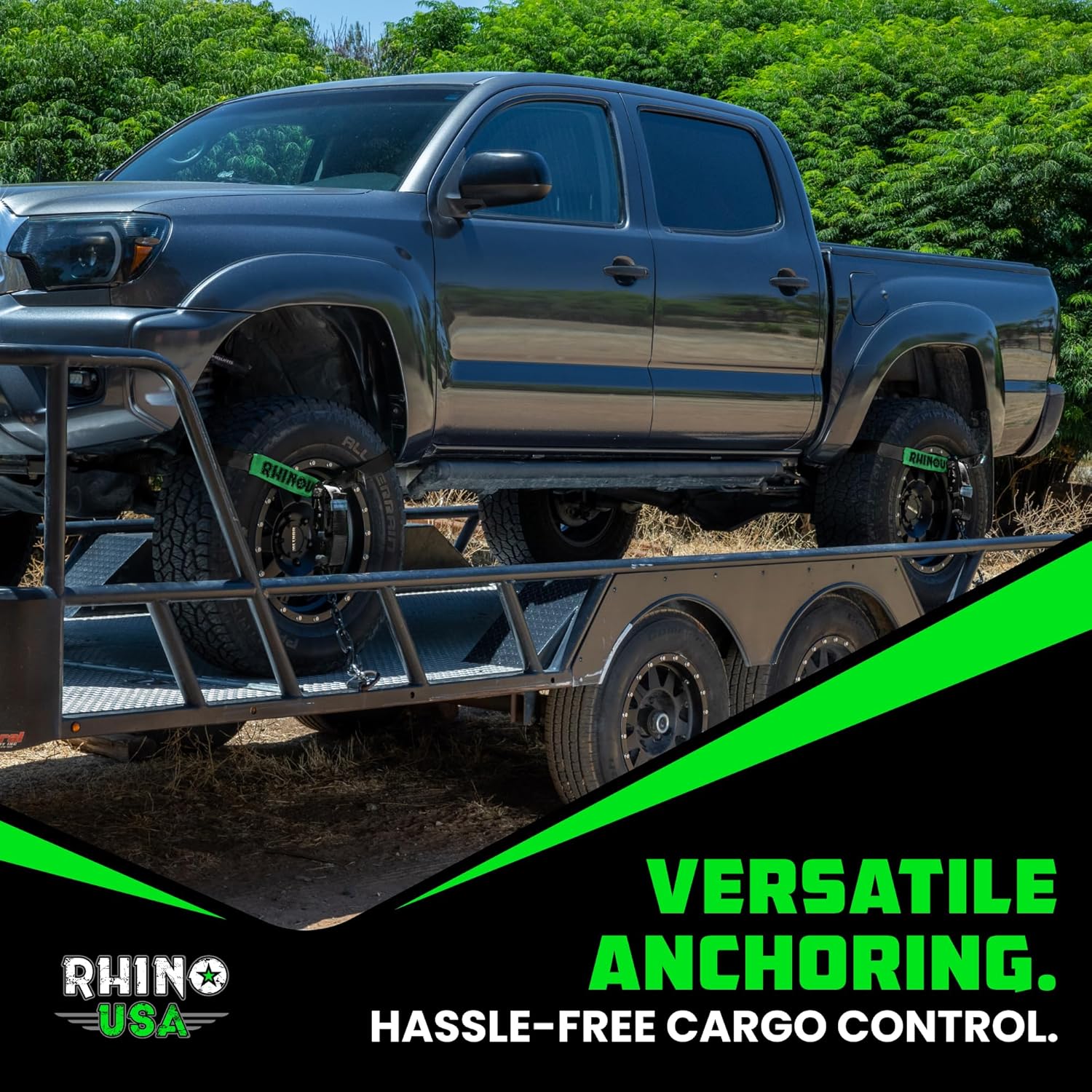 Car Tie Down Straps for Trailers with Flat Hooks (4-Pack) - 2 Inch x 8 Feet (10,000lb Break Strength) - Heavy Duty T-Handle Car Lasso Tire Straps for Trailer & UTV - Black