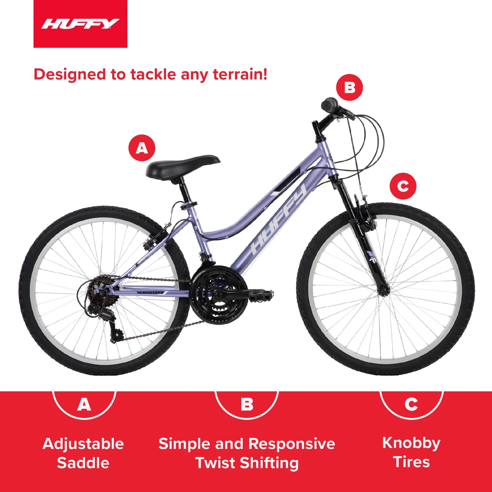 Huffy 24′′ Rock Creek Mountain Bike, Fits Riders 4’8′′ – 5’8′′, Purple, Adult, Women’s