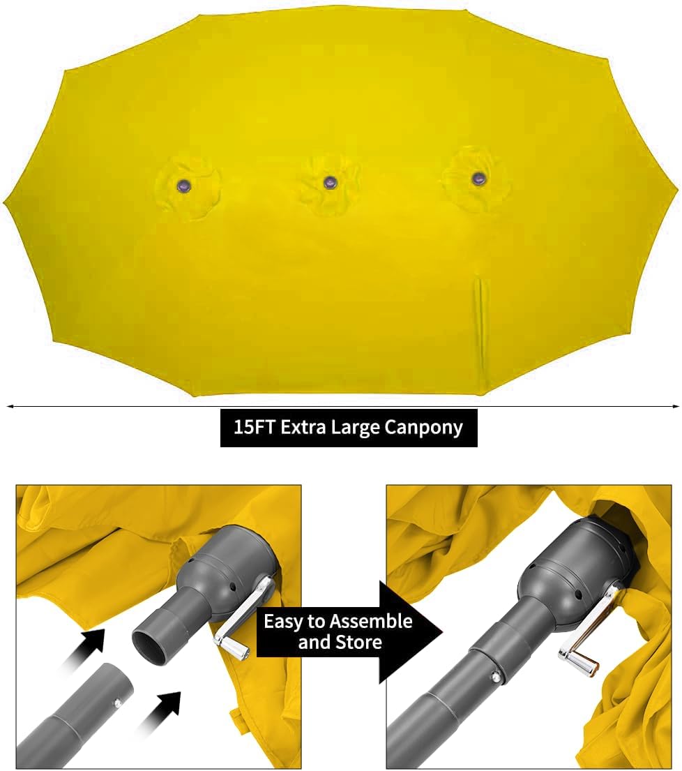15ft Patio Umbrella with Solar Lights, Large Double Umbrella Outdoor, Rectangle 180''x106'' Umbrellas with 156 PCS LED Lights and Crank Handle for Backyard Deck Pool Shade in Black(1.9