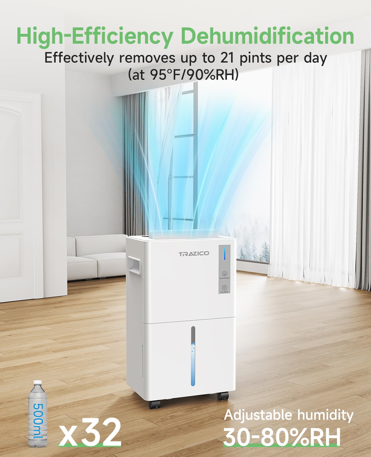 1500 Sq.ft Dehumidifier for Basement, Trazico 21 Pint Dehumidifiers