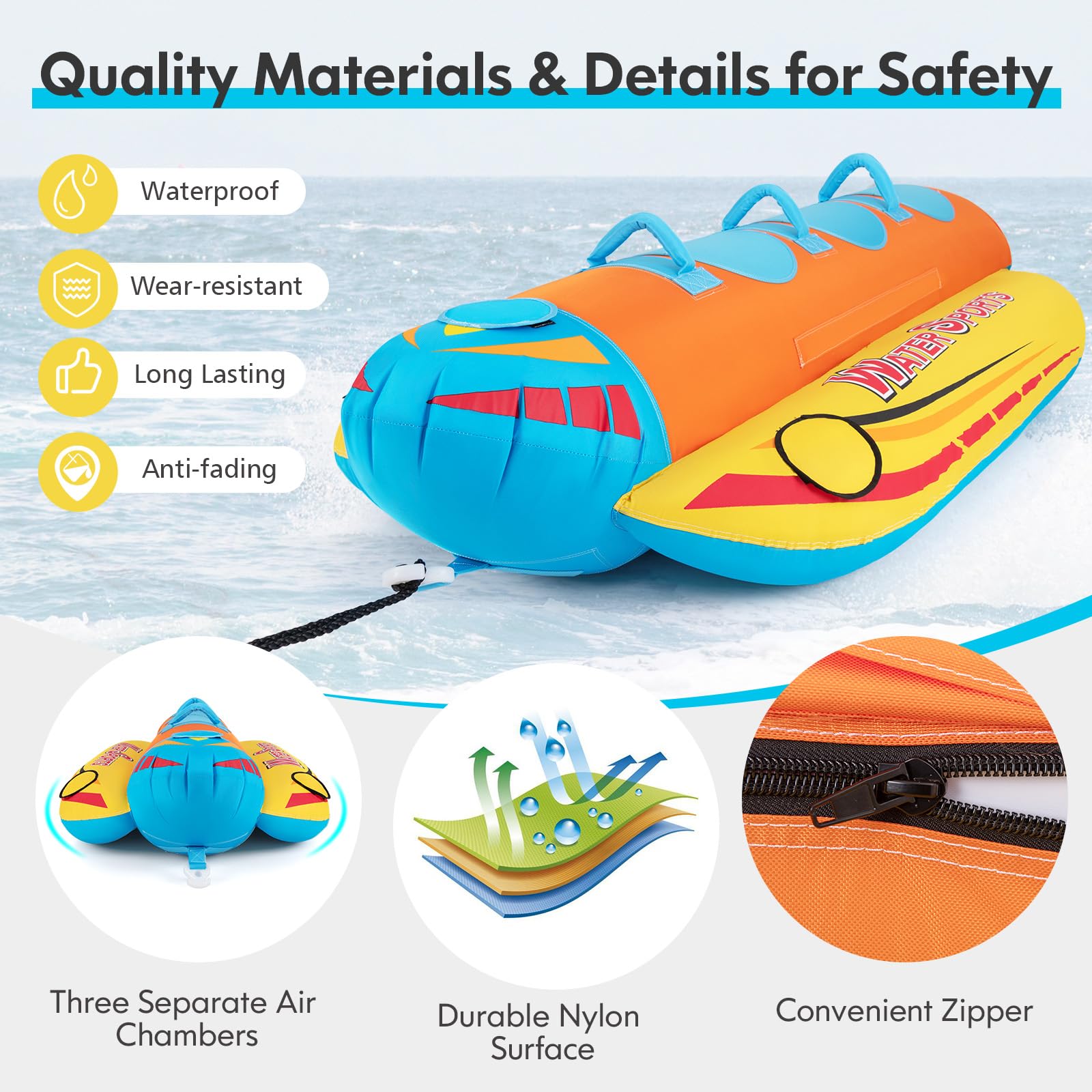 Inflatable Towable Tubes for Boating, Water Sports Banana Boat with 3 EVA-padded Seats for Towing Rider