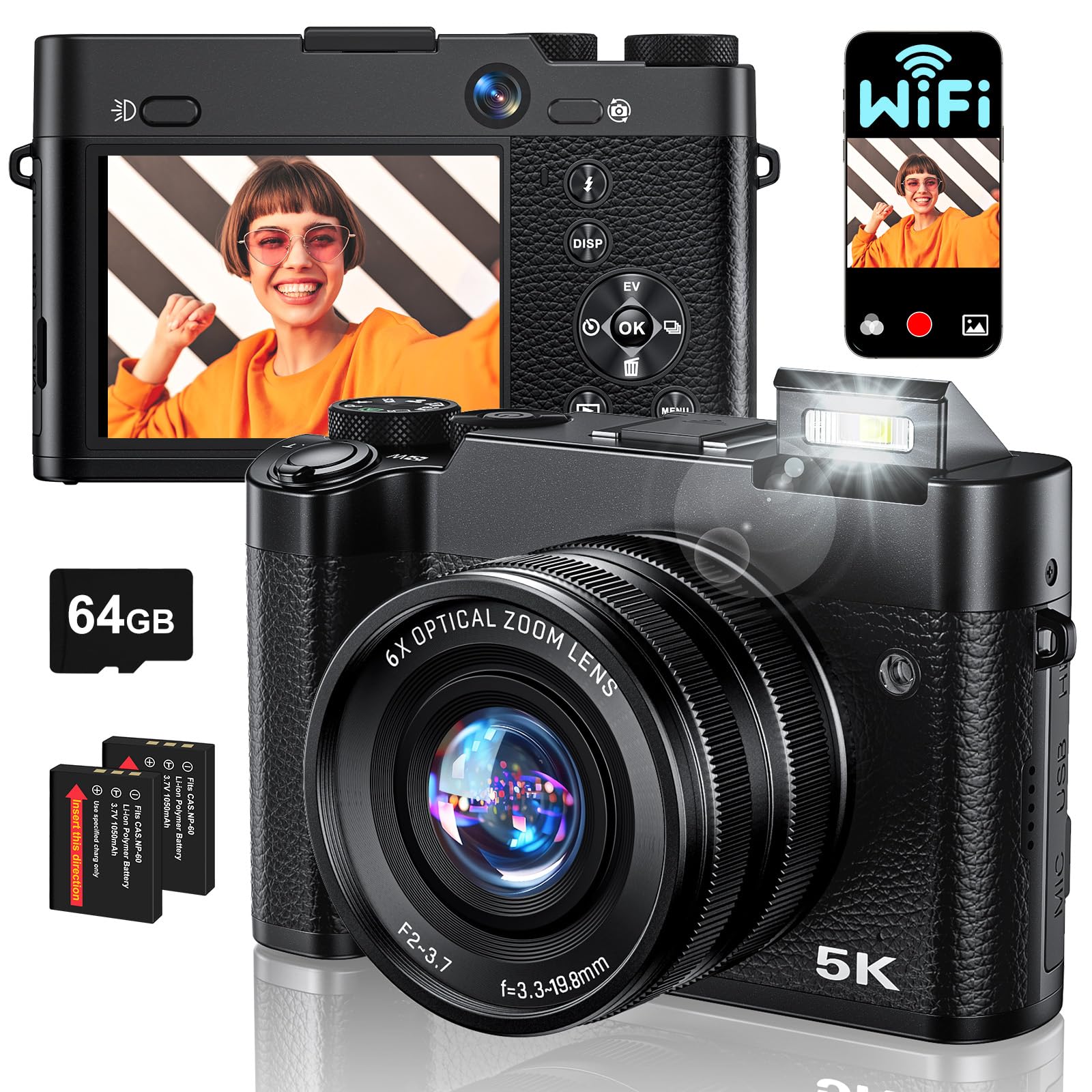 ToAuite Digital Camera, 6X Optical Zoom & WiFi, 5K 30FPS 64MP Vlogging Camera