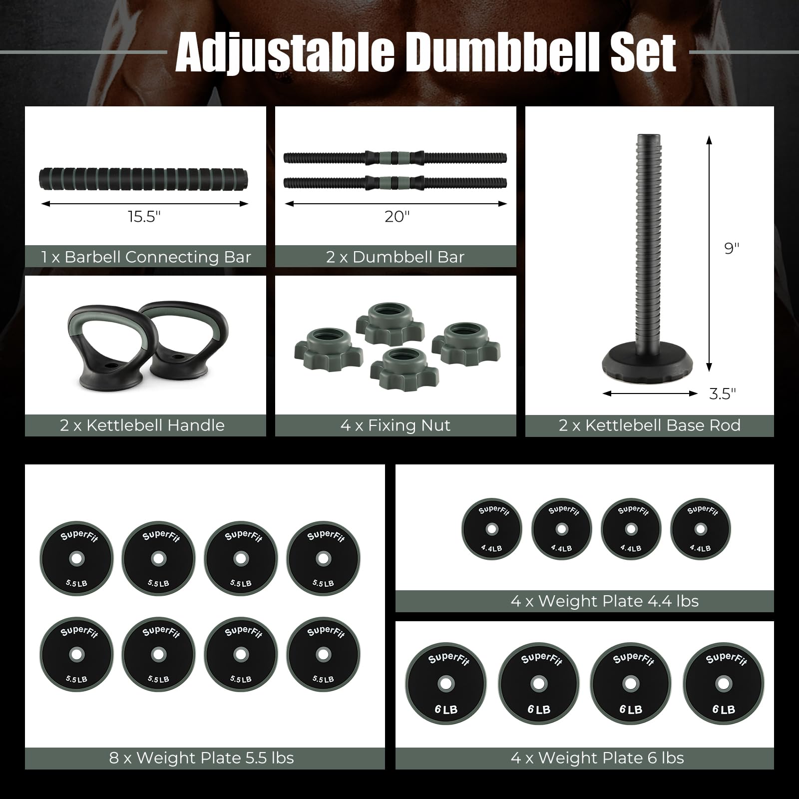 Adjustable Dumbbell Set, 92 LBS Free Weight Set w/Connector