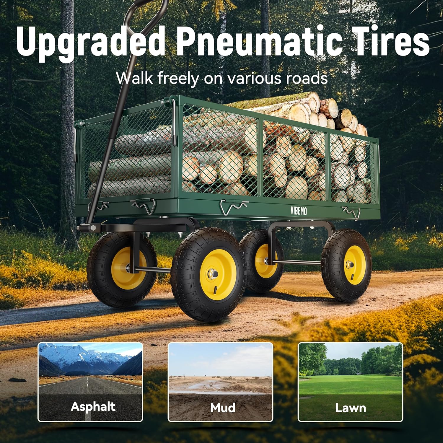 2025 Steel Garden Cart, 2-in-1 1400 lbs Heavy Duty Utility Wagon, with Removable Mesh Sides to Convert into Flatbed, 240° U-Turn 13" Pneumatic Tires Garden Wagon for Farm Yard Lawn Garden Camping