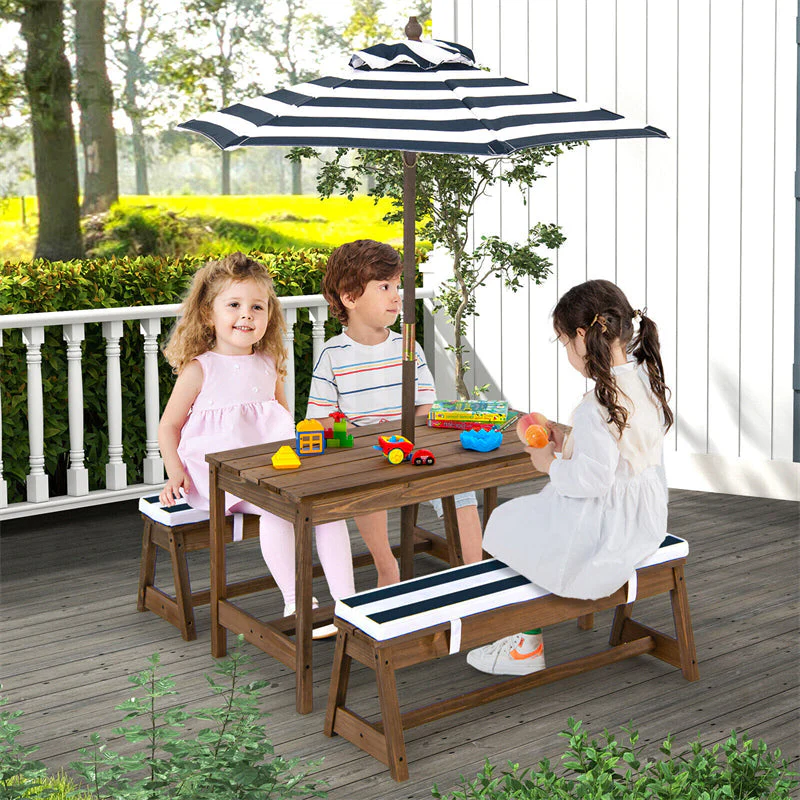2025 Wooden Kids Picnic Table Bench Set Children Outdoor Activity Table with Cushions & Height Adjustable Umbrella