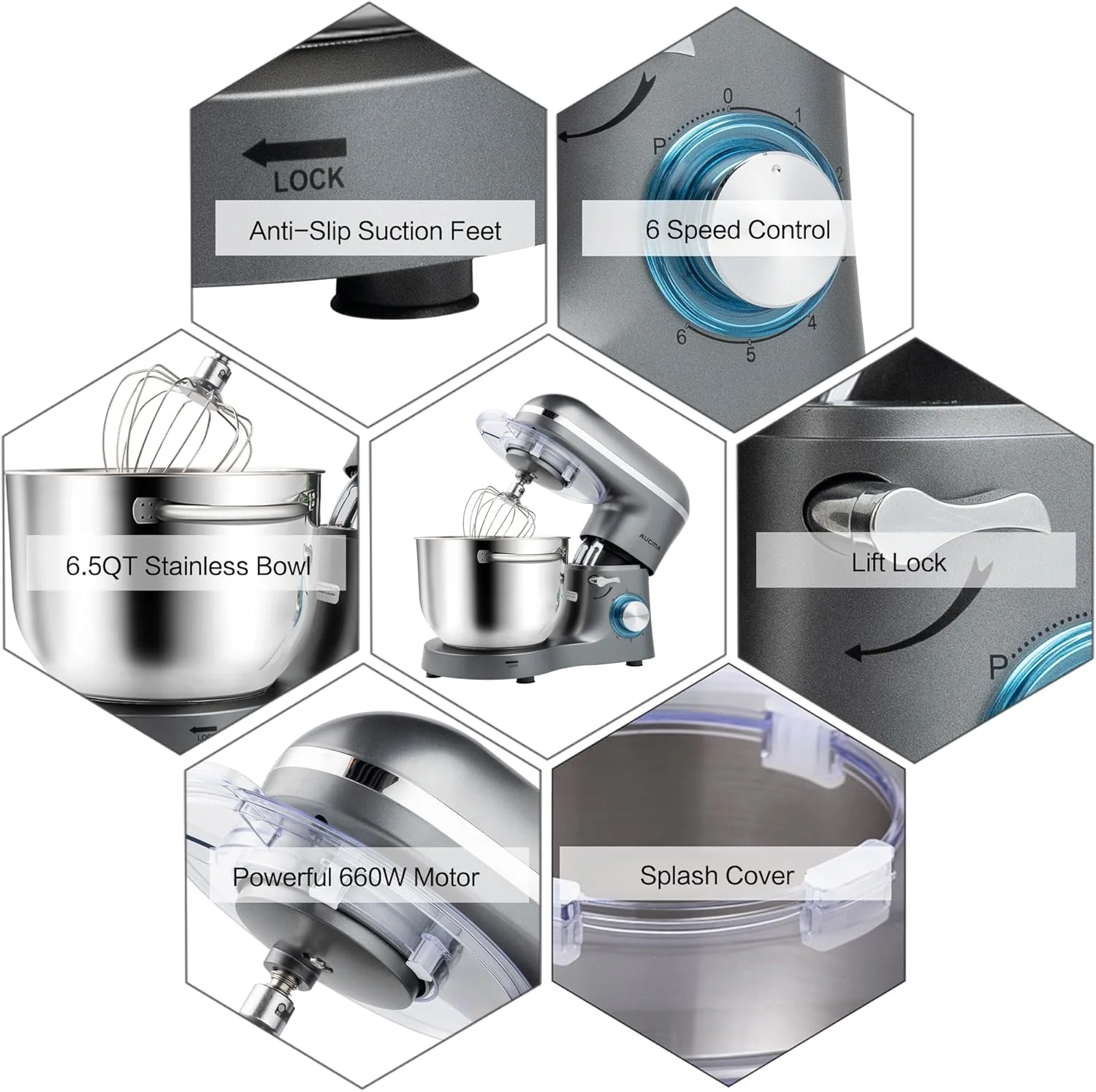 Aucma Stand Mixer,6.5-QT 660W 6-Speed Tilt-Head Food Mixer, Kitchen Electric Mixer with Dough Hook