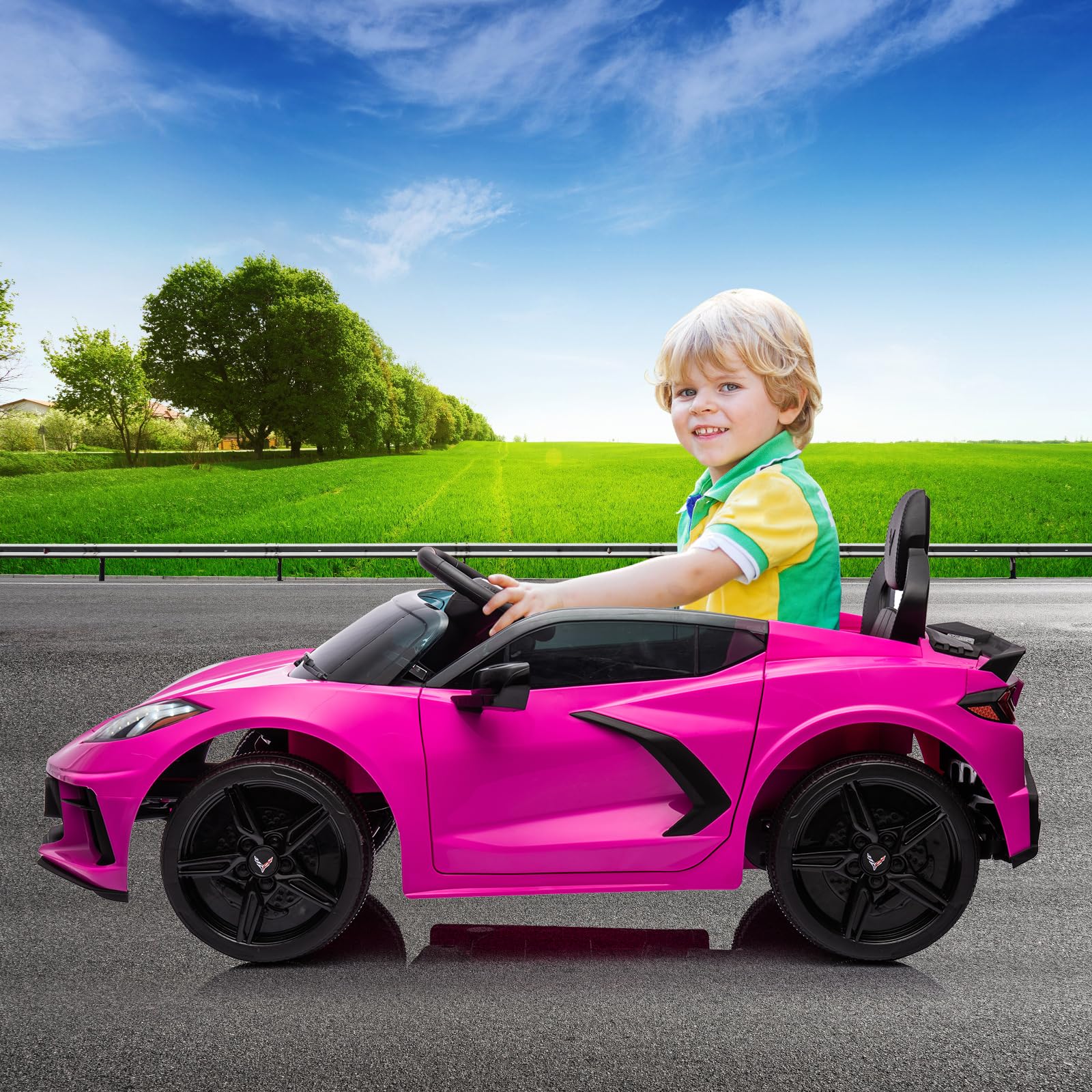 12V Kids Ride on Car Licensed Corvette Battery Powered Car Toddles Electric Sports Car Toy with Remote Control, Visual Dashboard, LED Lights, Music, Gifts for Boys Girls, Rose Red