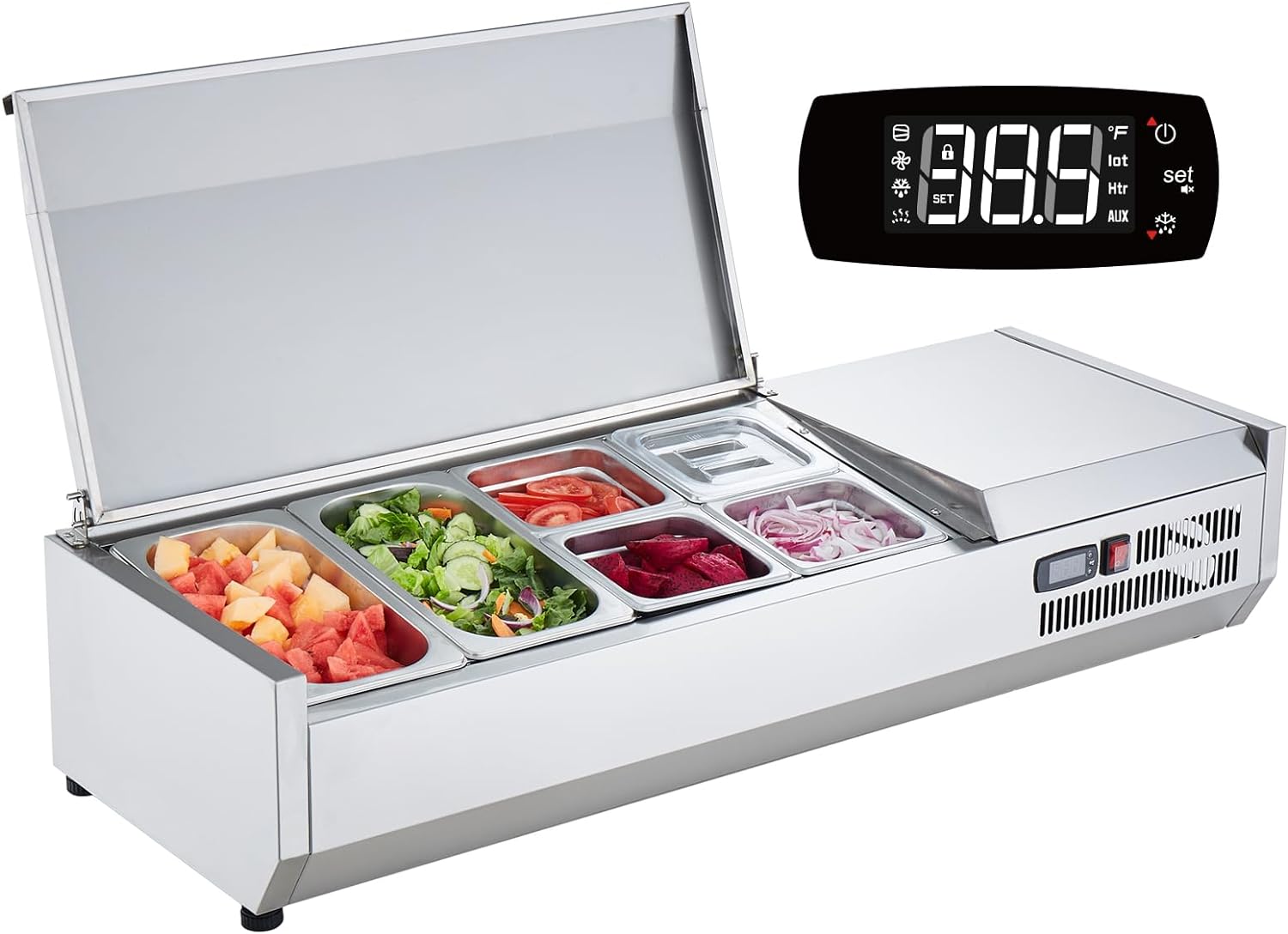 Refrigerated Condiment Prep Station, 135 W Countertop Refrigerated Condiment Station, with 2 1/3 Pans & 4 1/6 Pans, 304 Stainless Body and PC Lid, Sandwich Prep Table with Stainless Guard, ETL