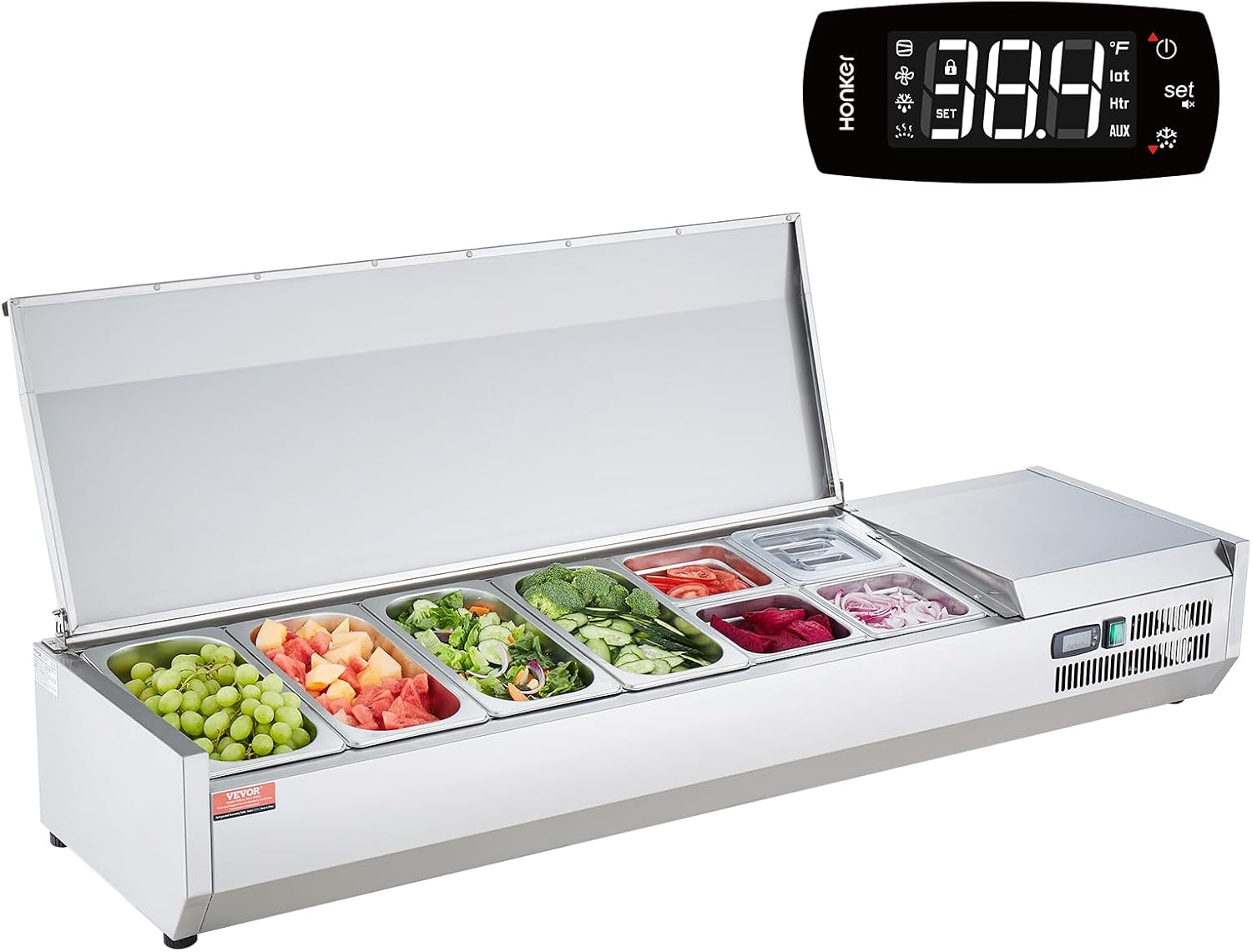 Refrigerated Condiment Prep Station, 135 W Countertop Refrigerated Condiment Station, with 2 1/3 Pans & 4 1/6 Pans, 304 Stainless Body and PC Lid, Sandwich Prep Table with Stainless Guard, ETL