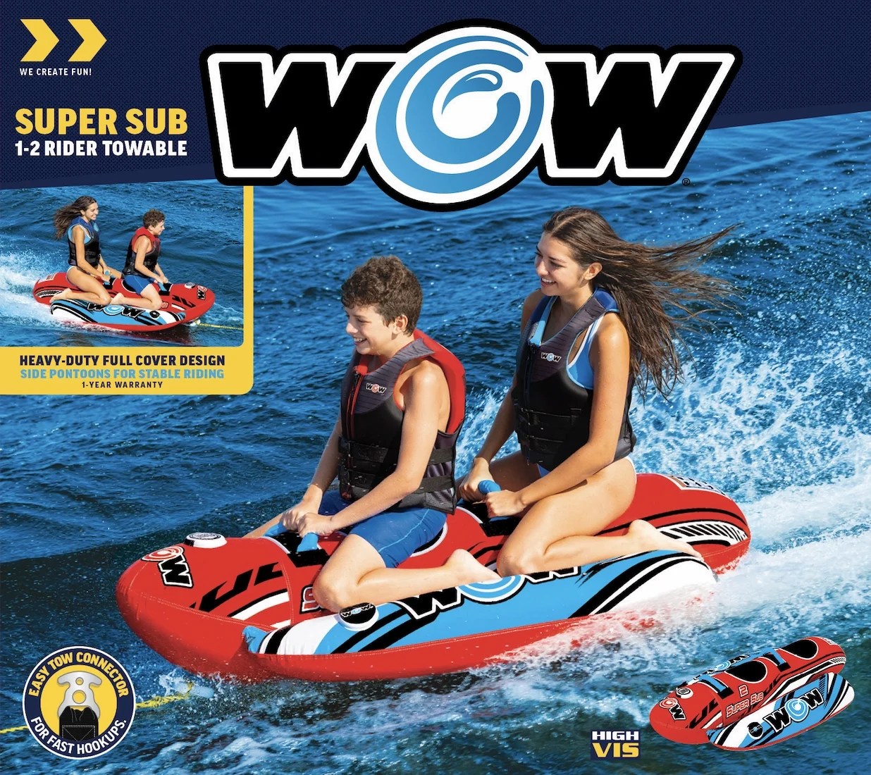 WOW Sports Super Sub 1-2 Person Towable, Waterskiing Towables for Children to Adult Ages 12+