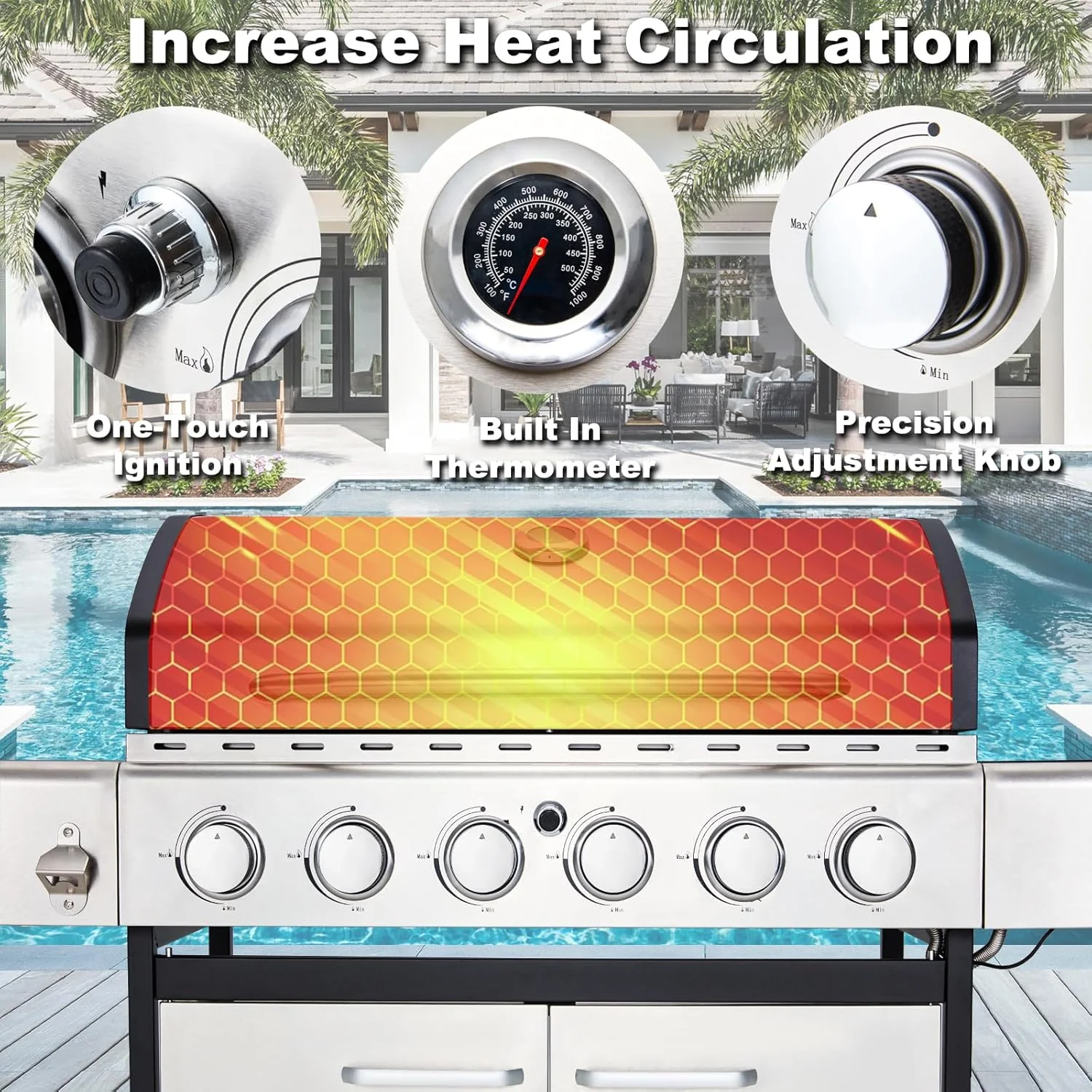 Upgraded 4 Burner BBQ Propane Gas Grill with Cast Iron Grates & Side Stove, 44,000 BTU Stainless Steel Burner Barbecue Grill for Patio, Camping, Outdoor Cooking.