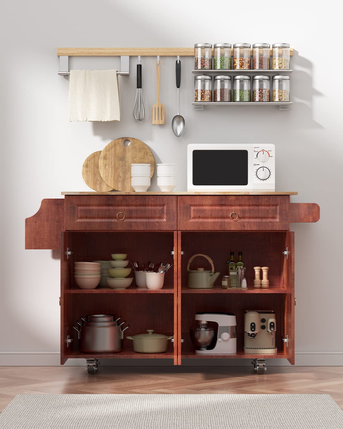 Lofka Kitchen Island with Storage on Wheels w/Drop-Leaf, Spice Rack, Brown