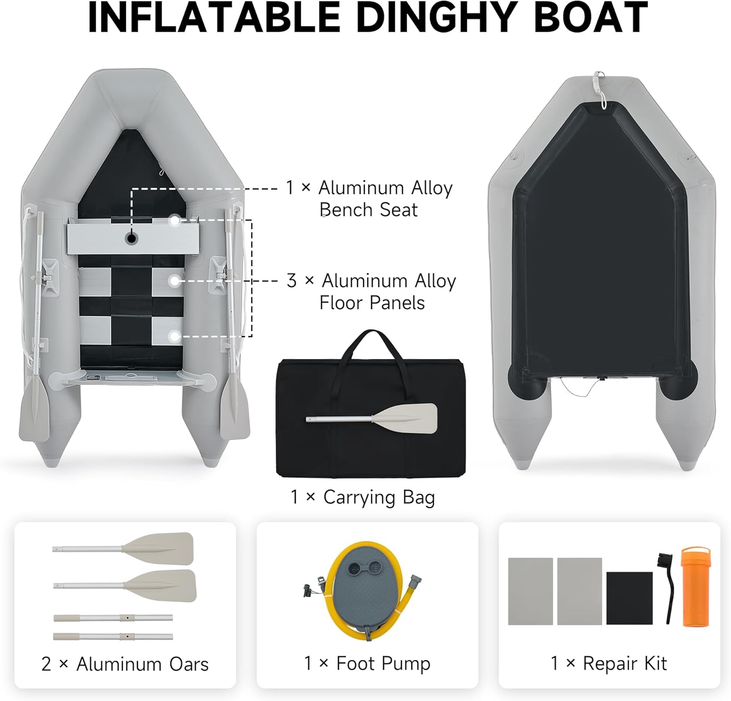 CREWORKS 7.5ft Inflatable Dinghy Boat, 2 Person 660lb Transom Sport Tender Boat with Pump Aluminum Oars Floor, Heavy Duty Inflatable Raft Kayak for Adults