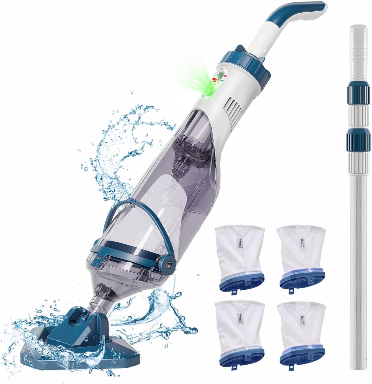 Pool Vacuum for Above Ground Pool with a Telescopic Pole, Running time up to 1H, T403 Handheld Rechargeable Pool Cleaner with Powerful Suction up to 18.5 gallons/min, Ideal for Leaves, Debris
