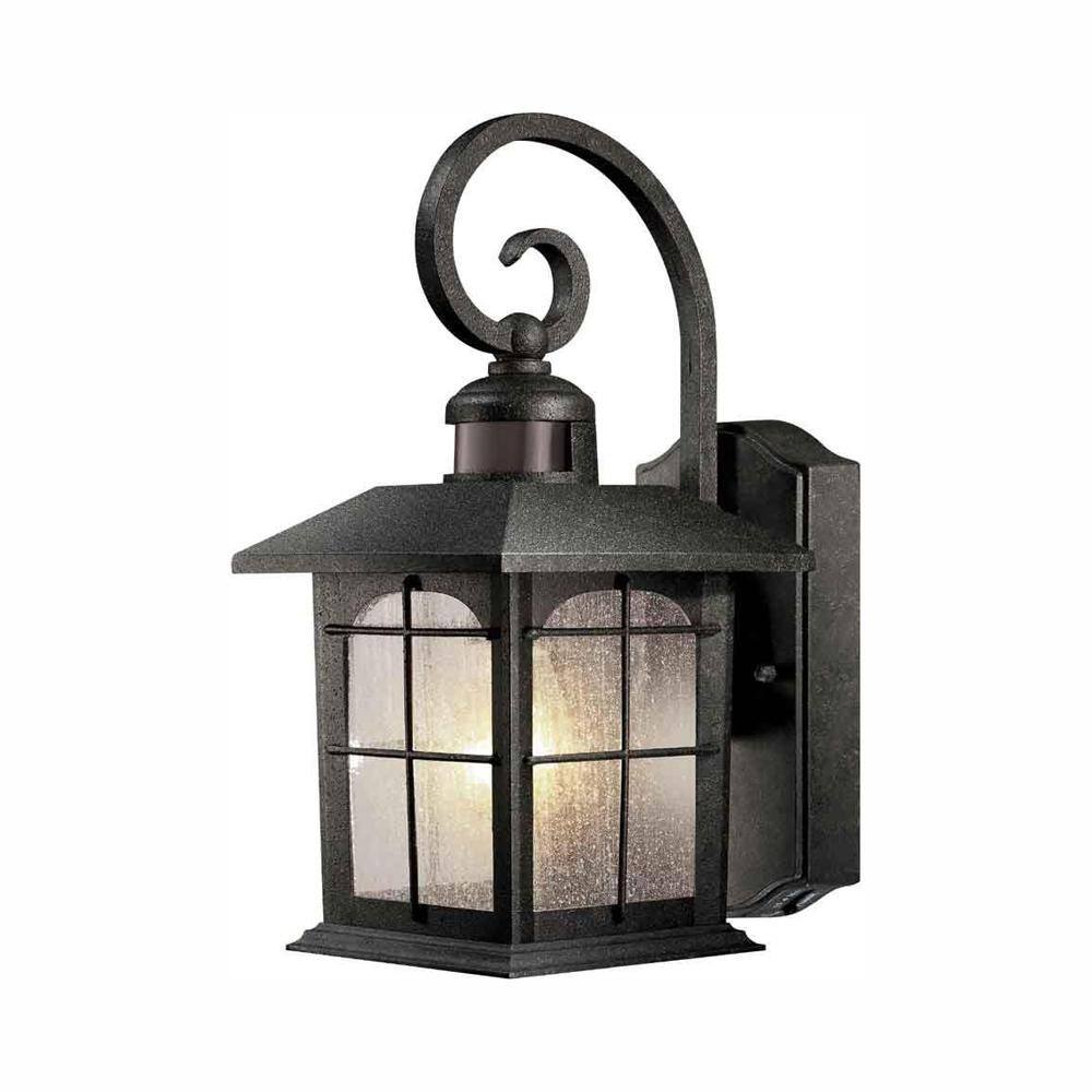 Home Decorators Collection Brimfield Motion-Sensing 14.2 in. Aged Iron 1-Light Outdoor Line Voltage Wall Sconce with No Bulb Included HB7251MA-292