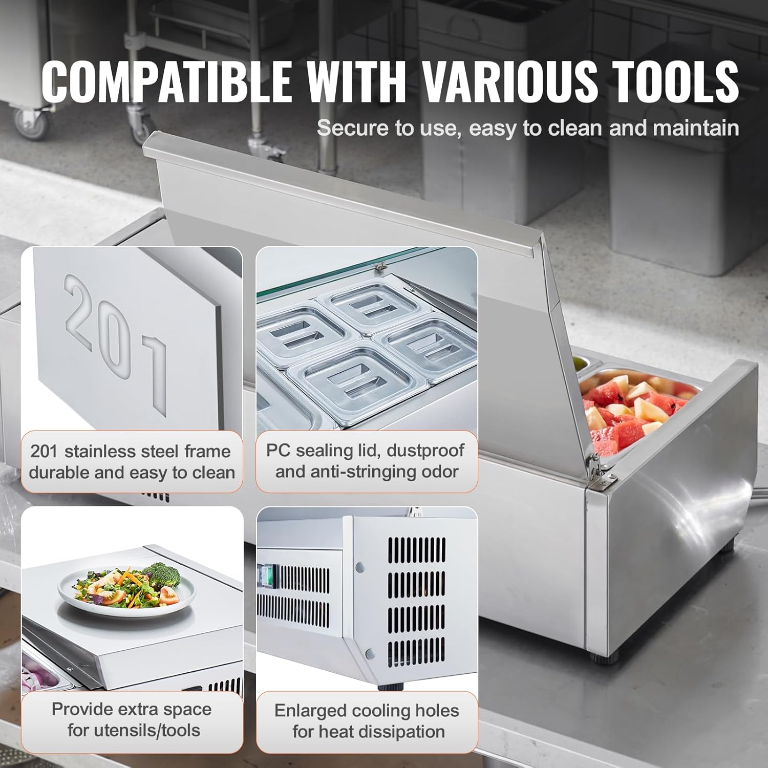 Refrigerated Condiment Prep Station, 135 W Countertop Refrigerated Condiment Station, with 2 1/3 Pans & 4 1/6 Pans, 304 Stainless Body and PC Lid, Sandwich Prep Table with Stainless Guard, ETL