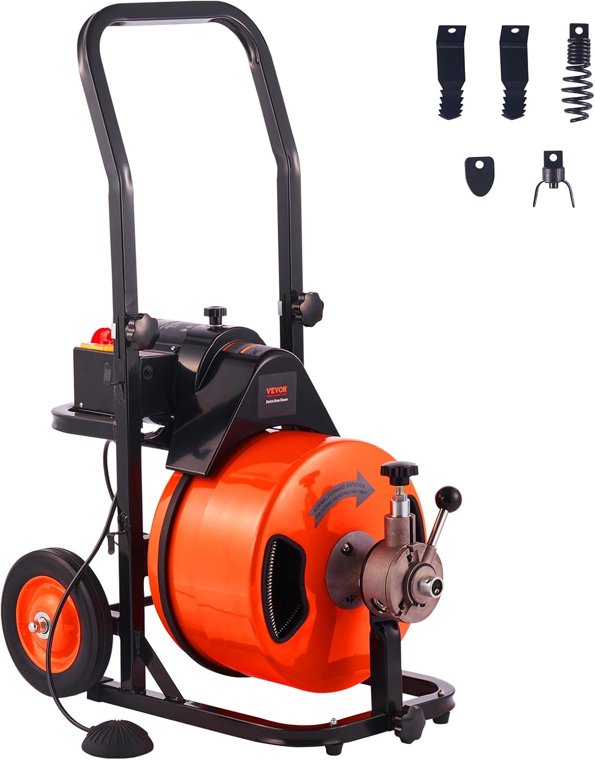 Drain Cleaner Machine 100FT x 1/2Inch, Auto Feed Sewer Snake Auger with 4 Cutter & Air-activated Foot Switch for 1