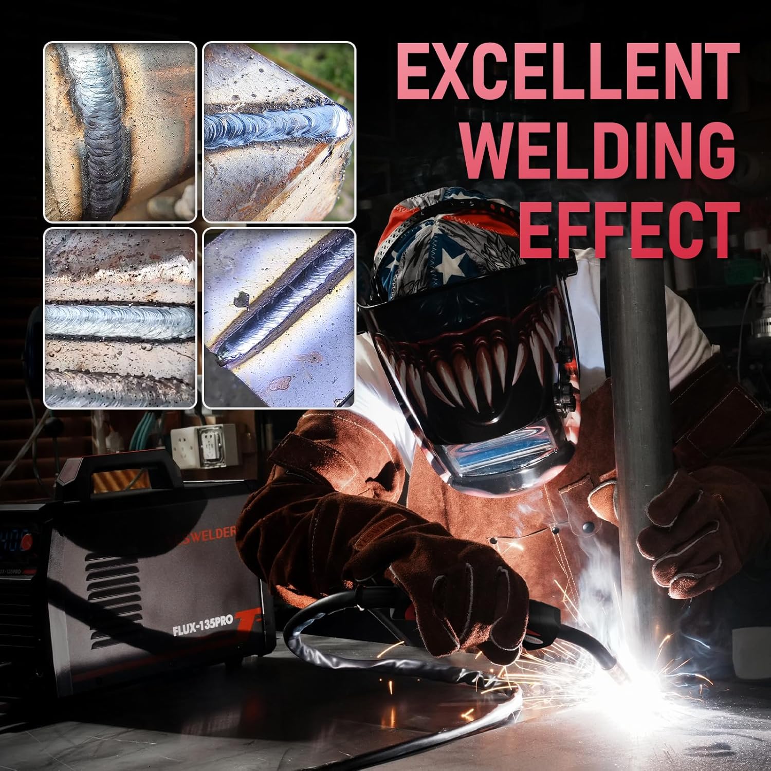 135Amp MIG Welder,110V Flux Core Welder Flux MIG/Lift TIG/Stick 3-in-1 Large LED Digital Display Welding Machine IGBT Inverter Welder FLUX-135PRO