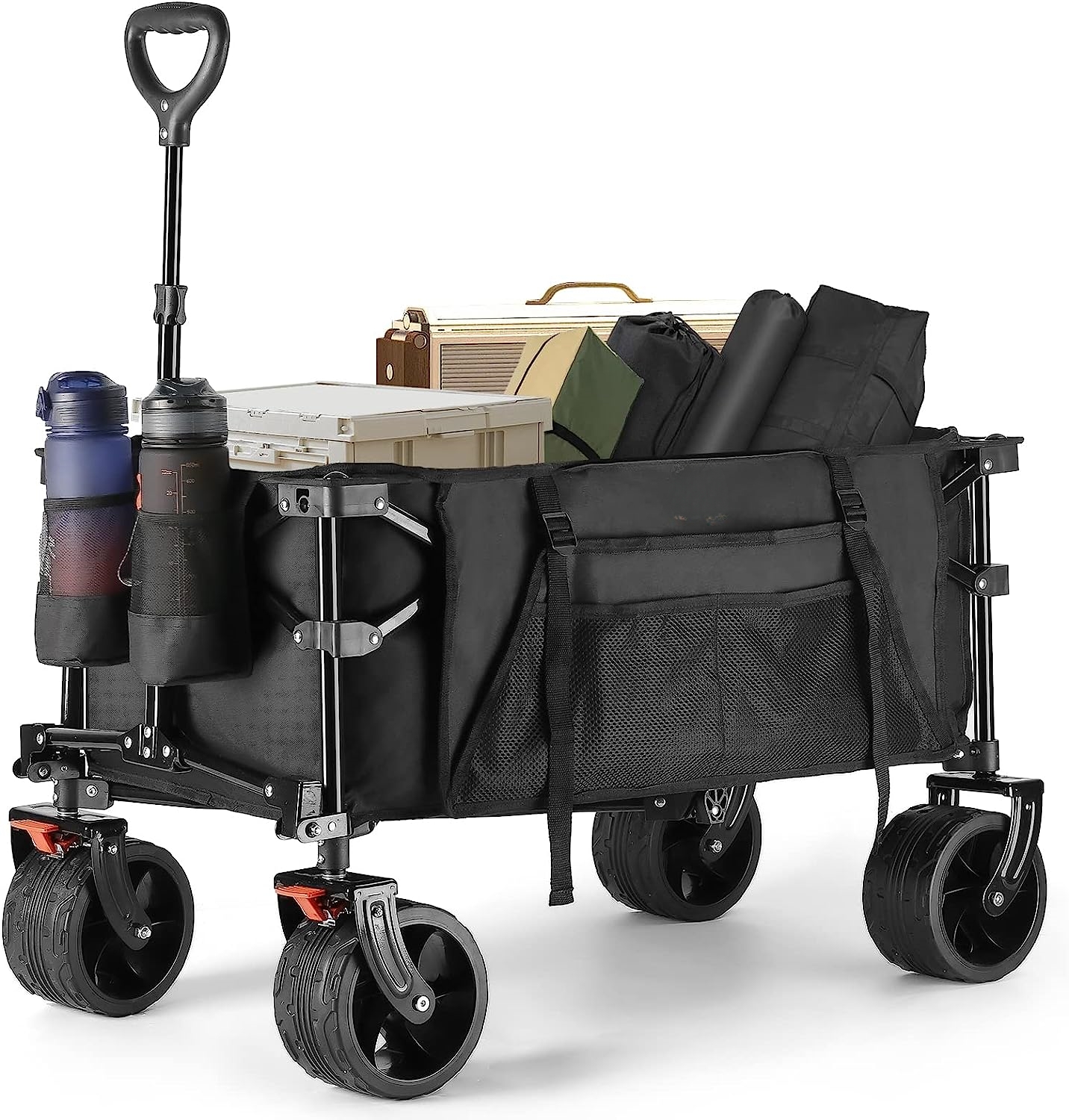 Collapsible Folding Wagon, Beach Wagon Cart Heavy Duty Foldable with Big Wheels, Utility Grocery Wagon with Side Pocket and Brakes for Camping Garden Sports, T1