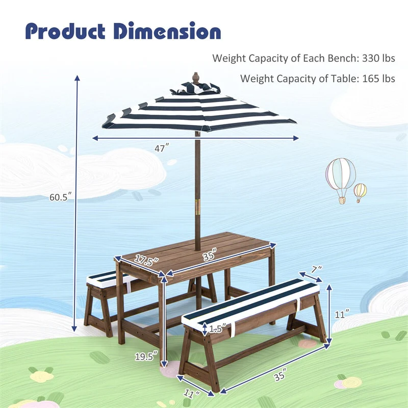 2025 Wooden Kids Picnic Table Bench Set Children Outdoor Activity Table with Cushions & Height Adjustable Umbrella