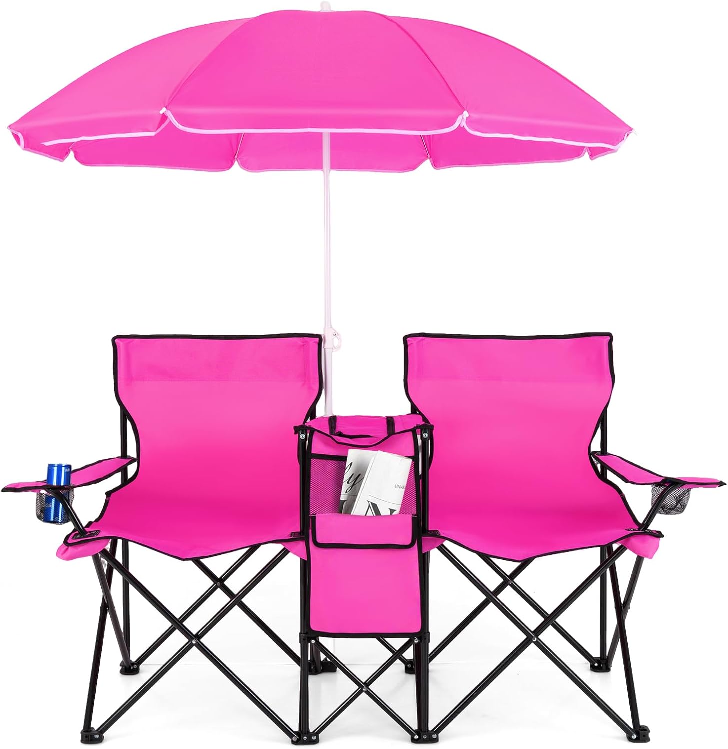 2025 Double Folding Picnic Chairs Umbrella Mini Table Beverage Holder Carrying Bag