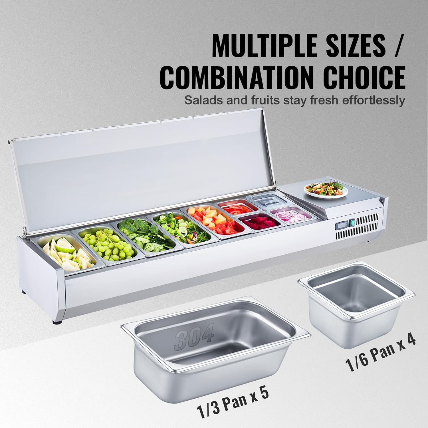Refrigerated Condiment Prep Station, 135 W Countertop Refrigerated Condiment Station, with 2 1/3 Pans & 4 1/6 Pans, 304 Stainless Body and PC Lid, Sandwich Prep Table with Stainless Guard, ETL
