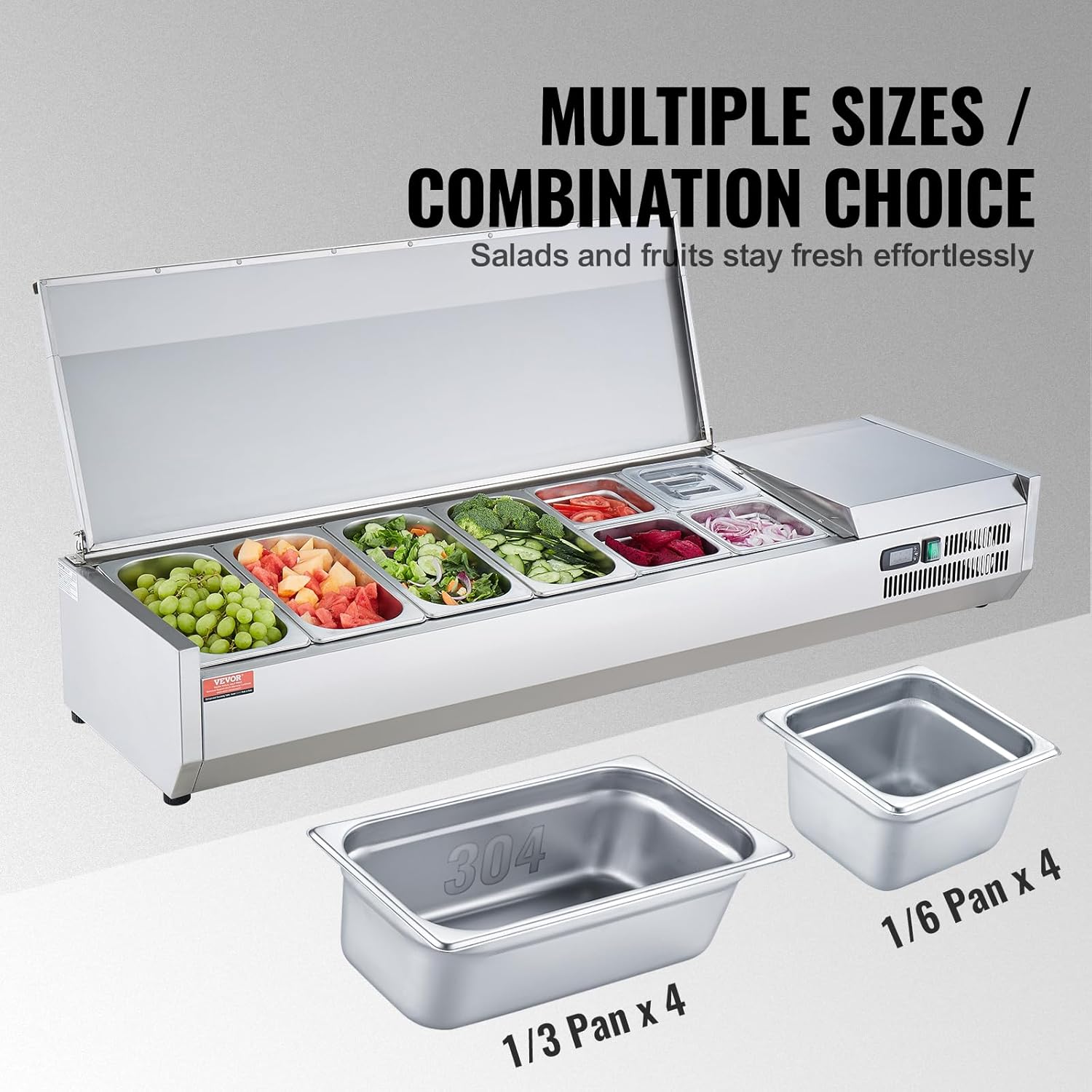 Refrigerated Condiment Prep Station, 135 W Countertop Refrigerated Condiment Station, with 2 1/3 Pans & 4 1/6 Pans, 304 Stainless Body and PC Lid, Sandwich Prep Table with Stainless Guard, ETL