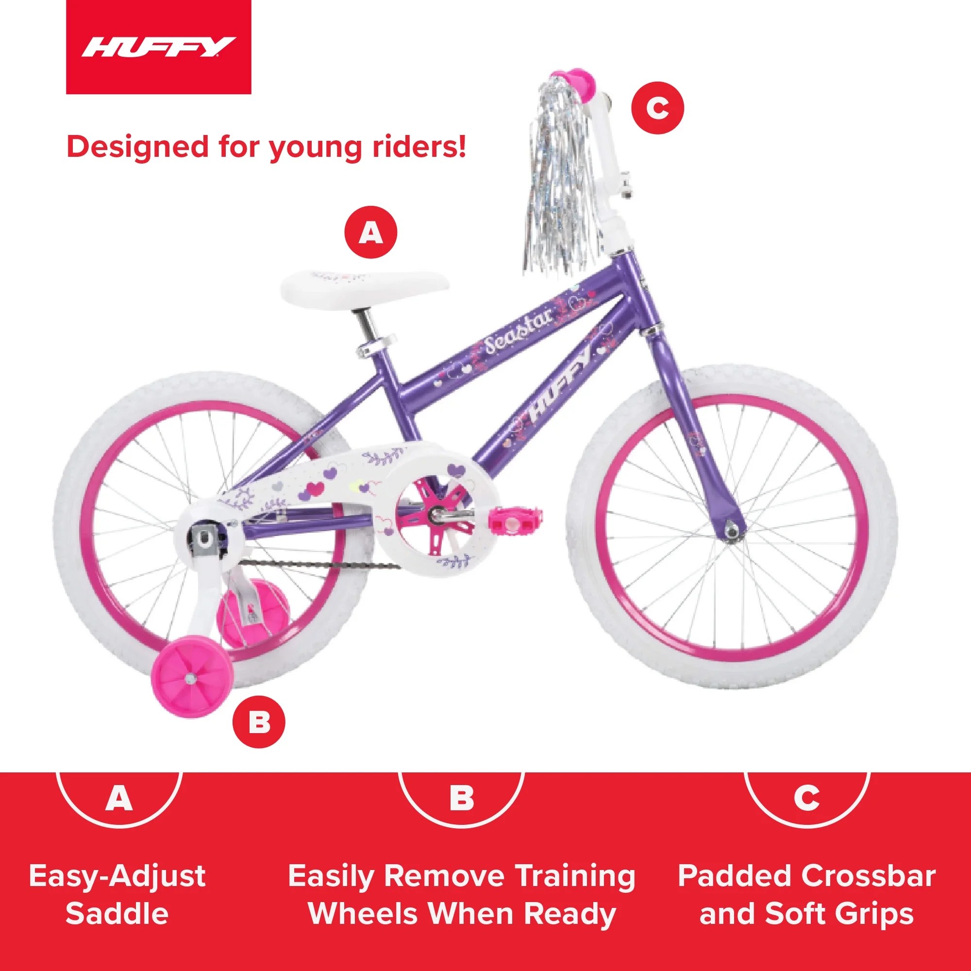 Huffy 18′′ Sea Star Kids’ Bike, Fits Riders 3’5′′ – 4’1′′, Purple, Child, Girl’s