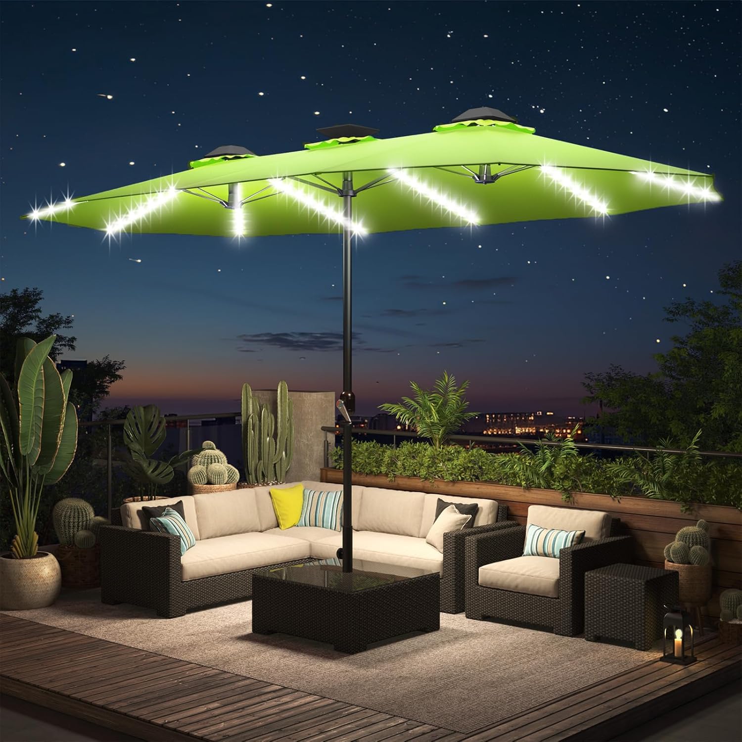 15ft Patio Umbrella with Solar Lights, Large Double Umbrella Outdoor, Rectangle 180''x106'' Umbrellas with 156 PCS LED Lights and Crank Handle for Backyard Deck Pool Shade in Black(1.9