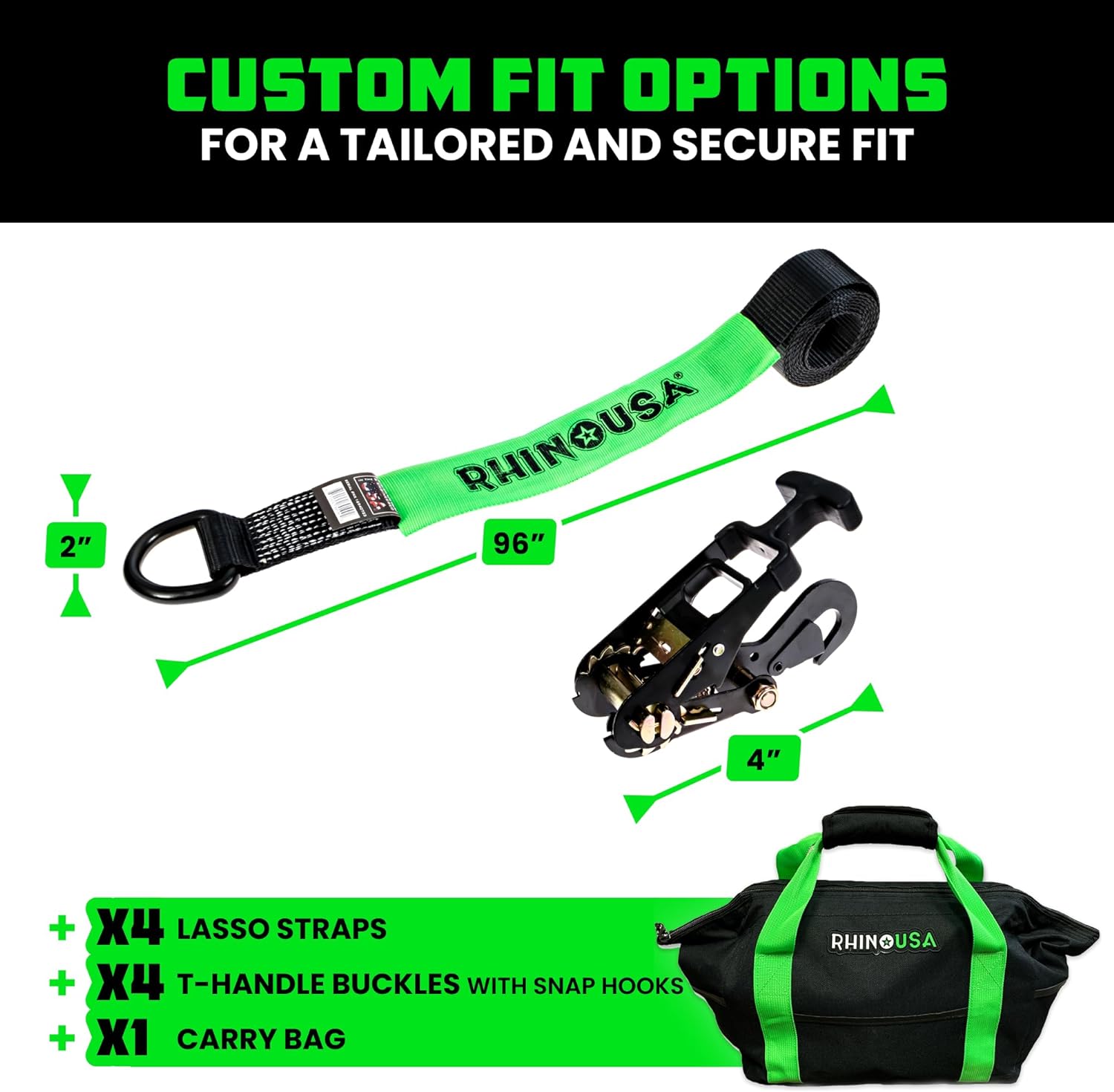 Car Tie Down Straps for Trailers with Flat Hooks (4-Pack) - 2 Inch x 8 Feet (10,000lb Break Strength) - Heavy Duty T-Handle Car Lasso Tire Straps for Trailer & UTV - Black