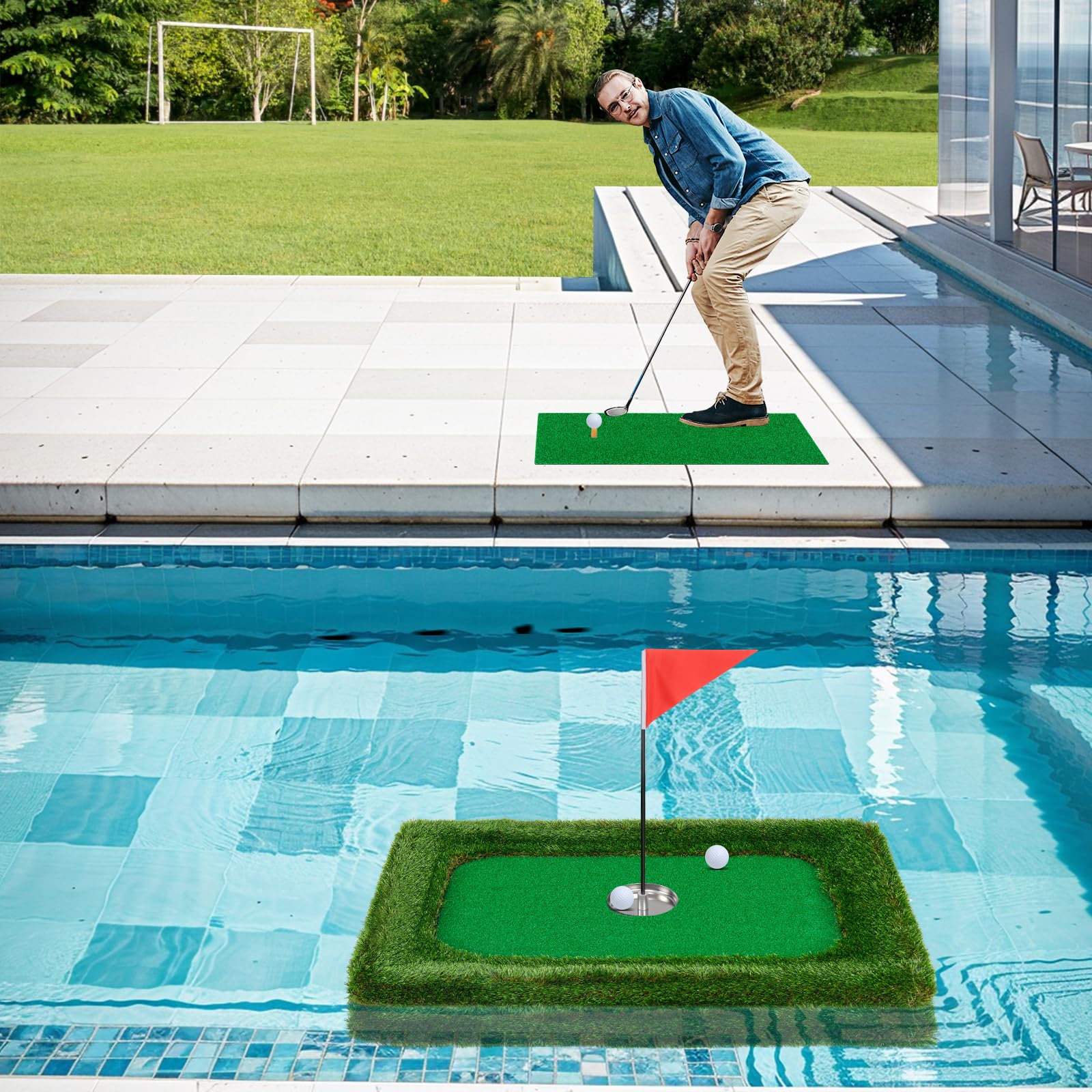 Floating Golf Green for Pool, Chipping Green Mat w/Hitting Mat, Golf Balls, Rectangle, 37.5