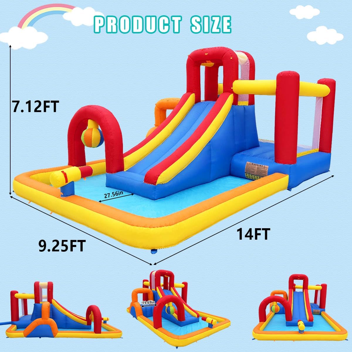 Inflatable Water Slide, 10 in 1 Water Park Bounce House with Blower, Splash Pool, 2 Slides, Water Cannon, Climbing Wall, Blow up Water Slides for Kids Outdoor Backyard