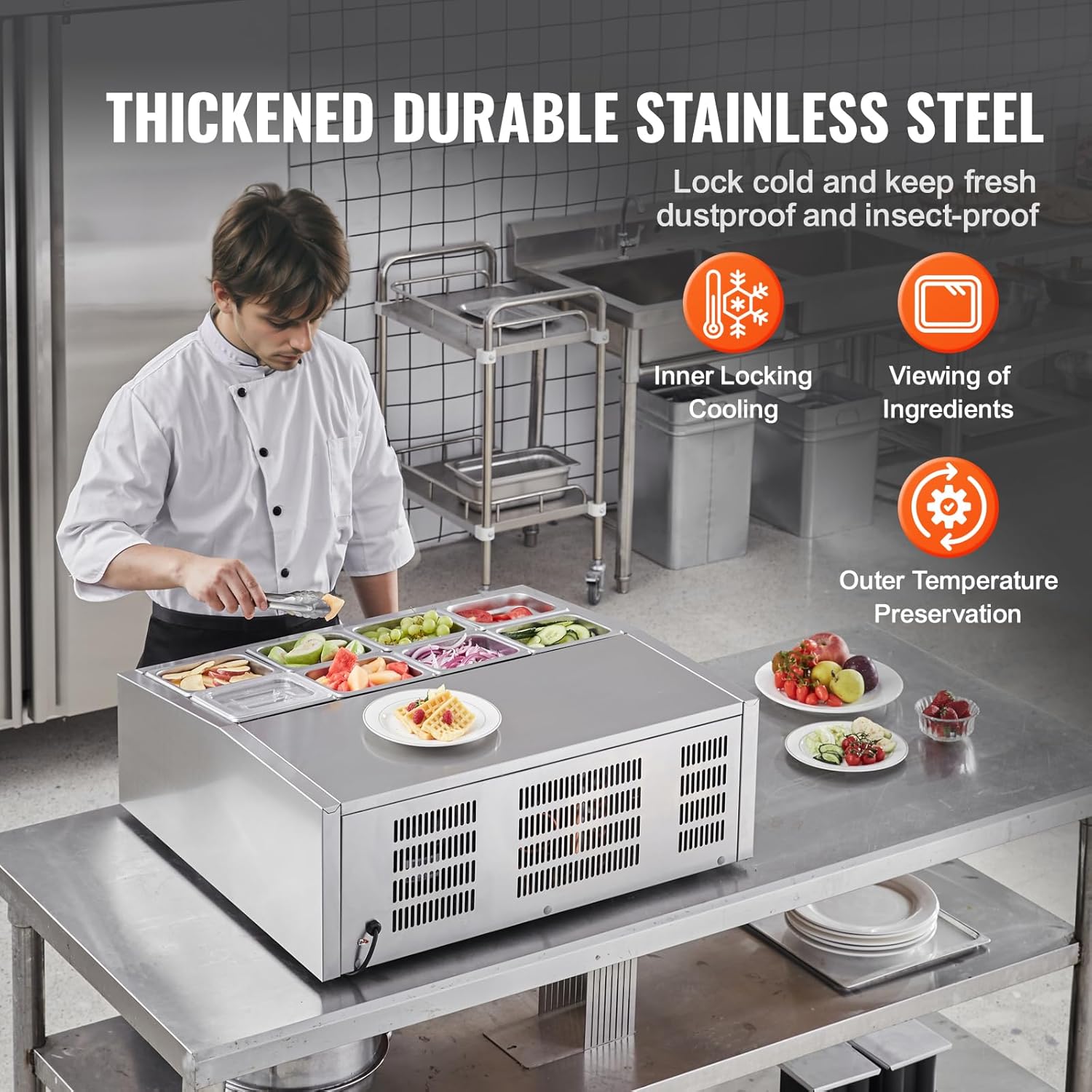 Refrigerated Condiment Prep Station, 135 W Countertop Refrigerated Condiment Station, with 2 1/3 Pans & 4 1/6 Pans, 304 Stainless Body and PC Lid, Sandwich Prep Table with Stainless Guard, ETL