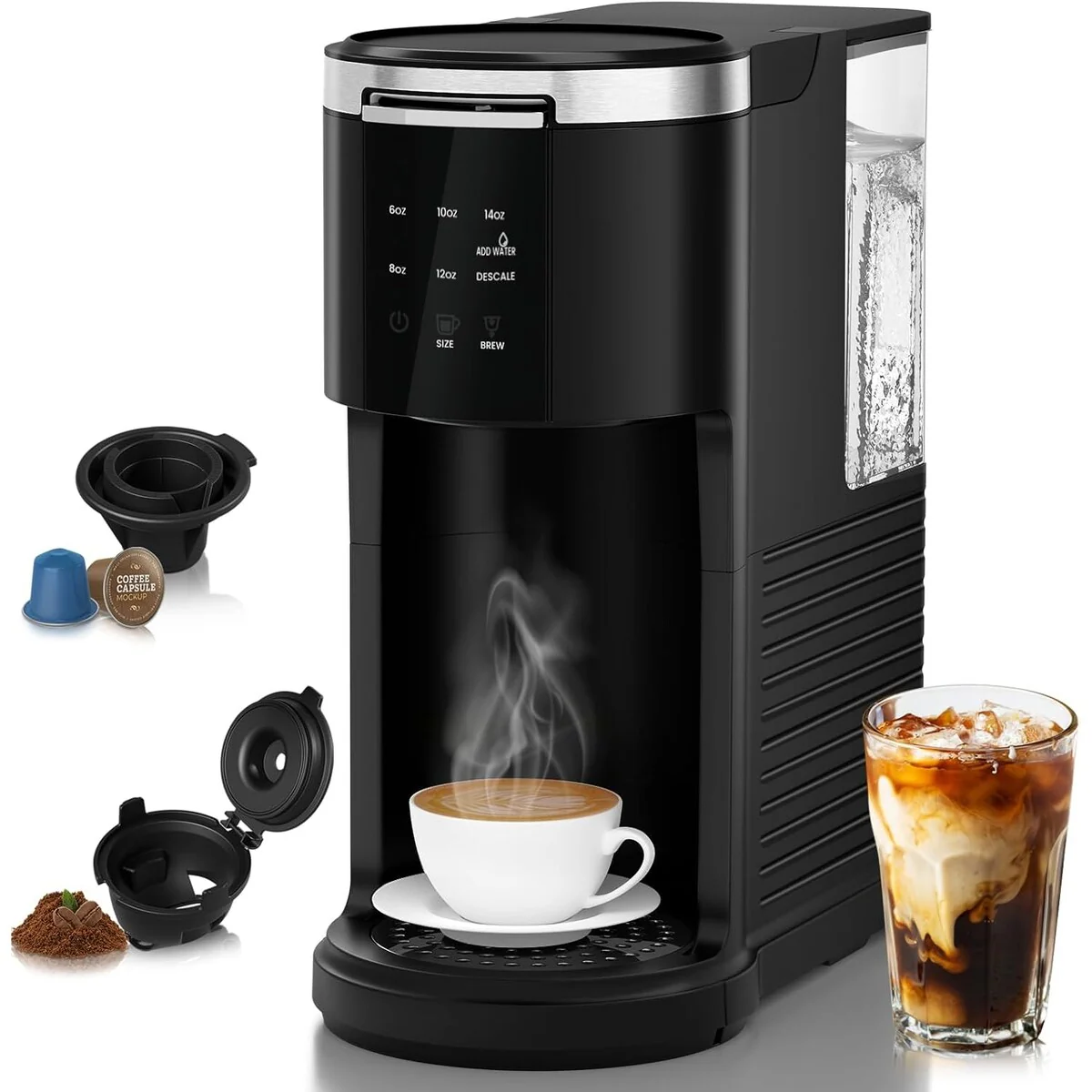 Single Serve Coffee Maker for K-Cups Pods & Ground Coffee, with 40 oz Water Tank, 5 Brew Sizes Up To 14 Oz, Self-cleaning