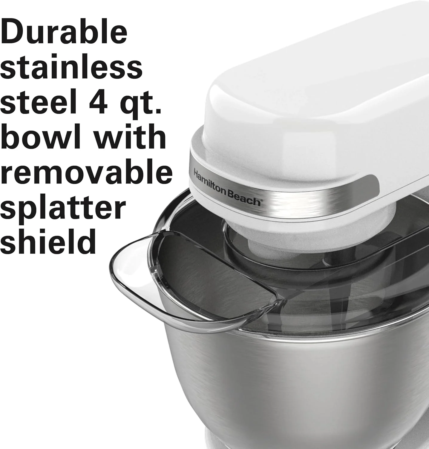 Hamilton Beach Electric Stand Mixer, 4 Quarts, Dough Hook, Flat Beater Attachments, Splash Guard 7 Speeds with Whisk, Black