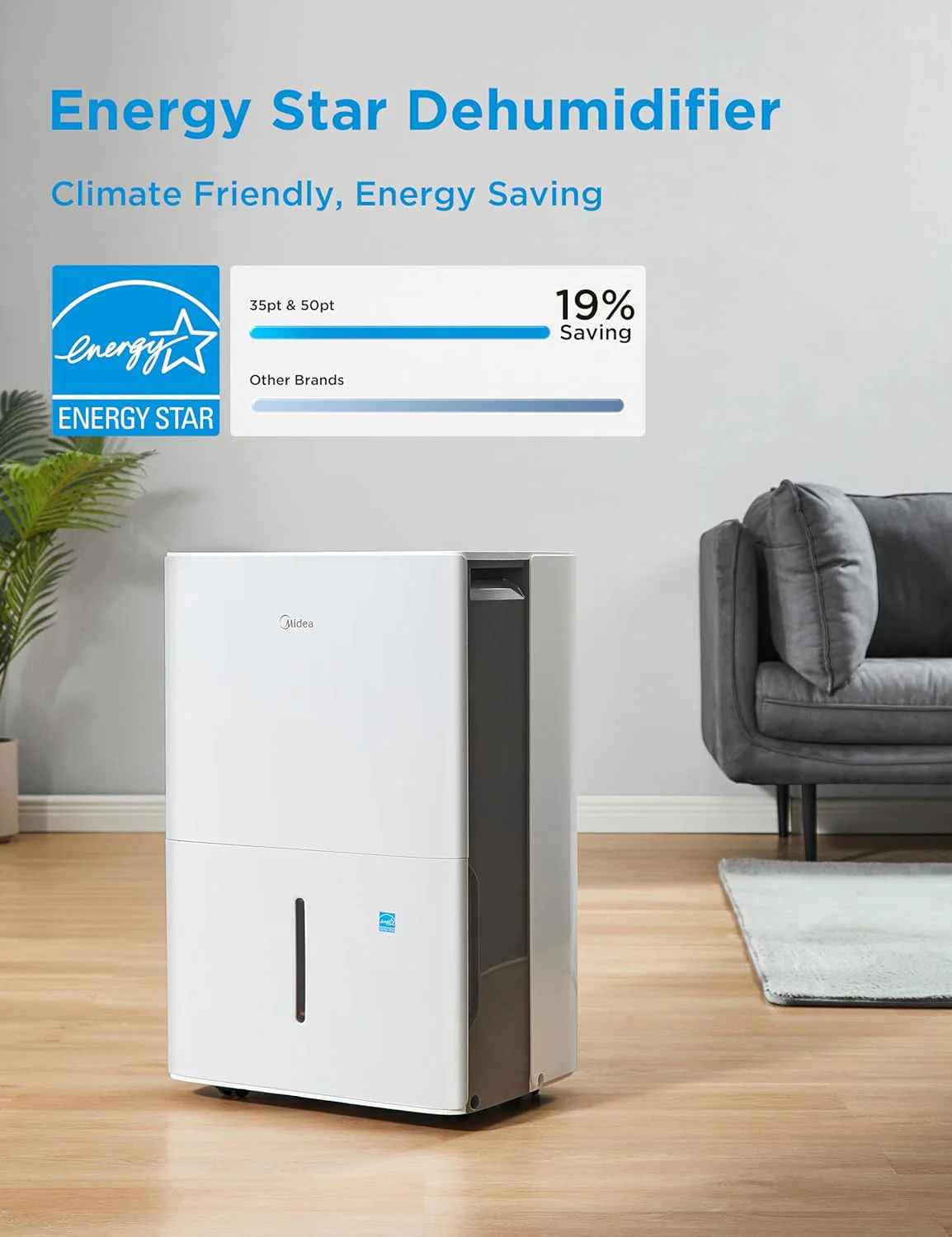Midea 4,500 Sq. Ft. Dehumidifier With Pump Included, Energy Star Certified, 50 Pint - Ideal For Basements, Large & Medium Sized Rooms, And Bathrooms (White)