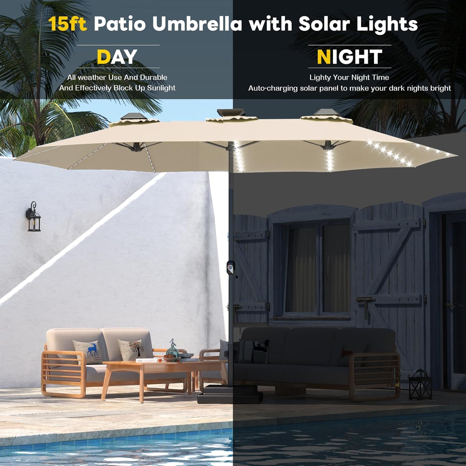 15ft Patio Umbrella with Solar Lights, Large Double Umbrella Outdoor, Rectangle 180''x106'' Umbrellas with 156 PCS LED Lights and Crank Handle for Backyard Deck Pool Shade in Black(1.9