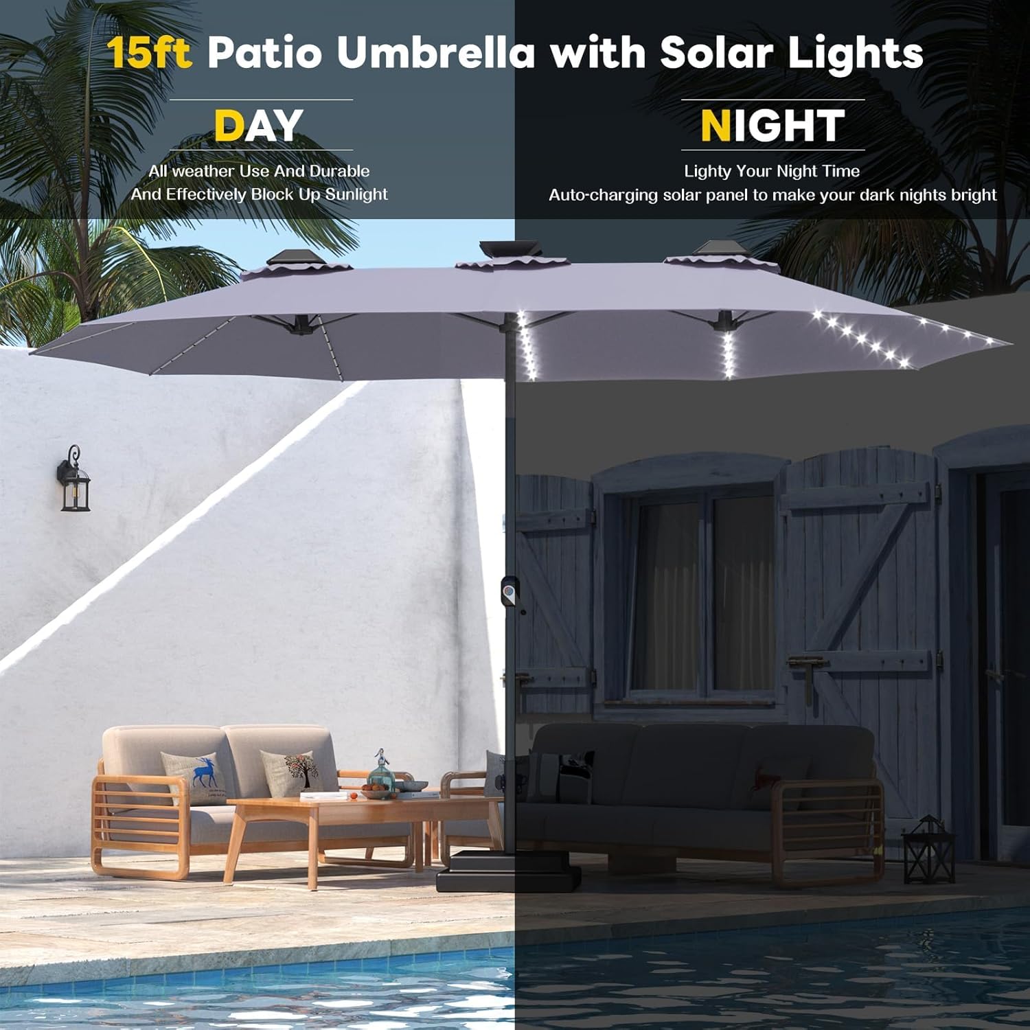 15ft Patio Umbrella with Solar Lights, Large Double Umbrella Outdoor, Rectangle 180''x106'' Umbrellas with 156 PCS LED Lights and Crank Handle for Backyard Deck Pool Shade in Black(1.9