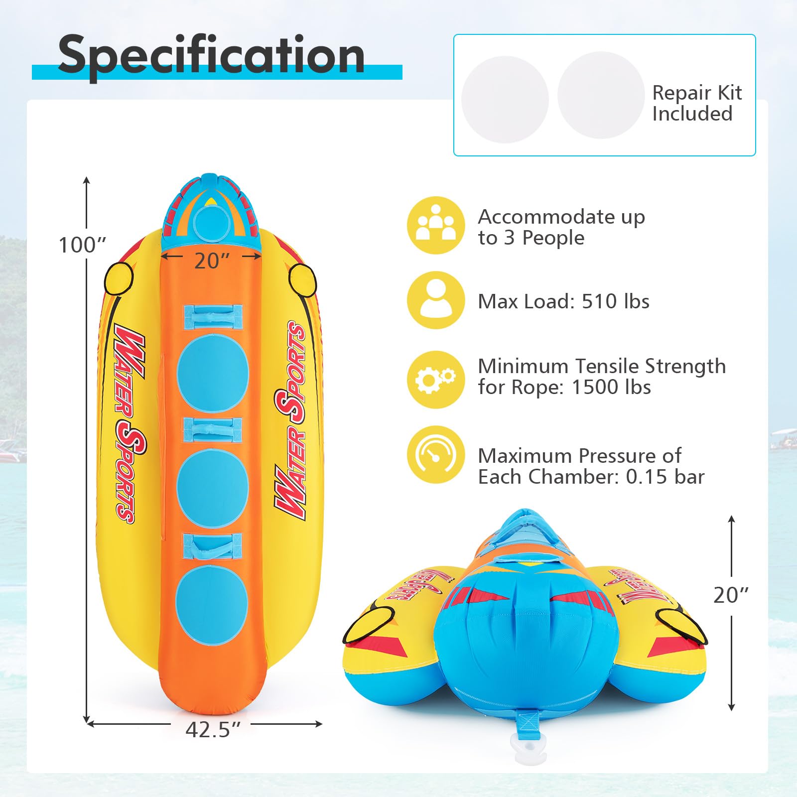 Inflatable Towable Tubes for Boating, Water Sports Banana Boat with 3 EVA-padded Seats for Towing Rider