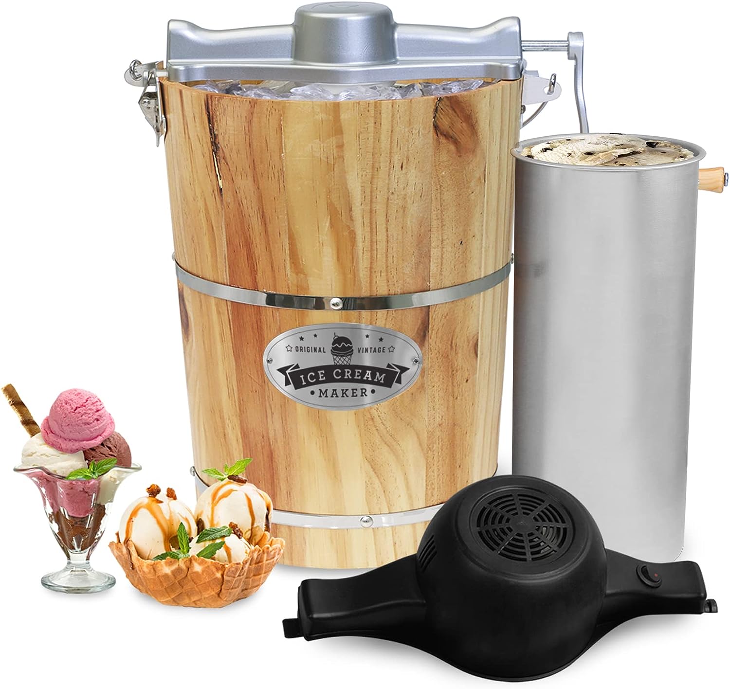 2025 Elite Gourmet 6 Quart Vintage Wood Bucket Electric Ice Cream Maker Machine