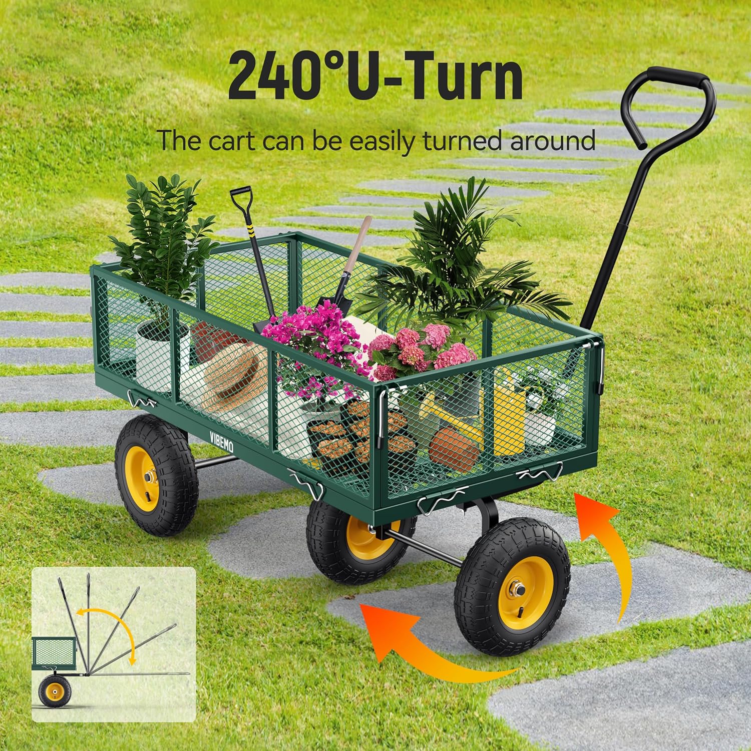 2025 Steel Garden Cart, 2-in-1 1400 lbs Heavy Duty Utility Wagon, with Removable Mesh Sides to Convert into Flatbed, 240° U-Turn 13" Pneumatic Tires Garden Wagon for Farm Yard Lawn Garden Camping