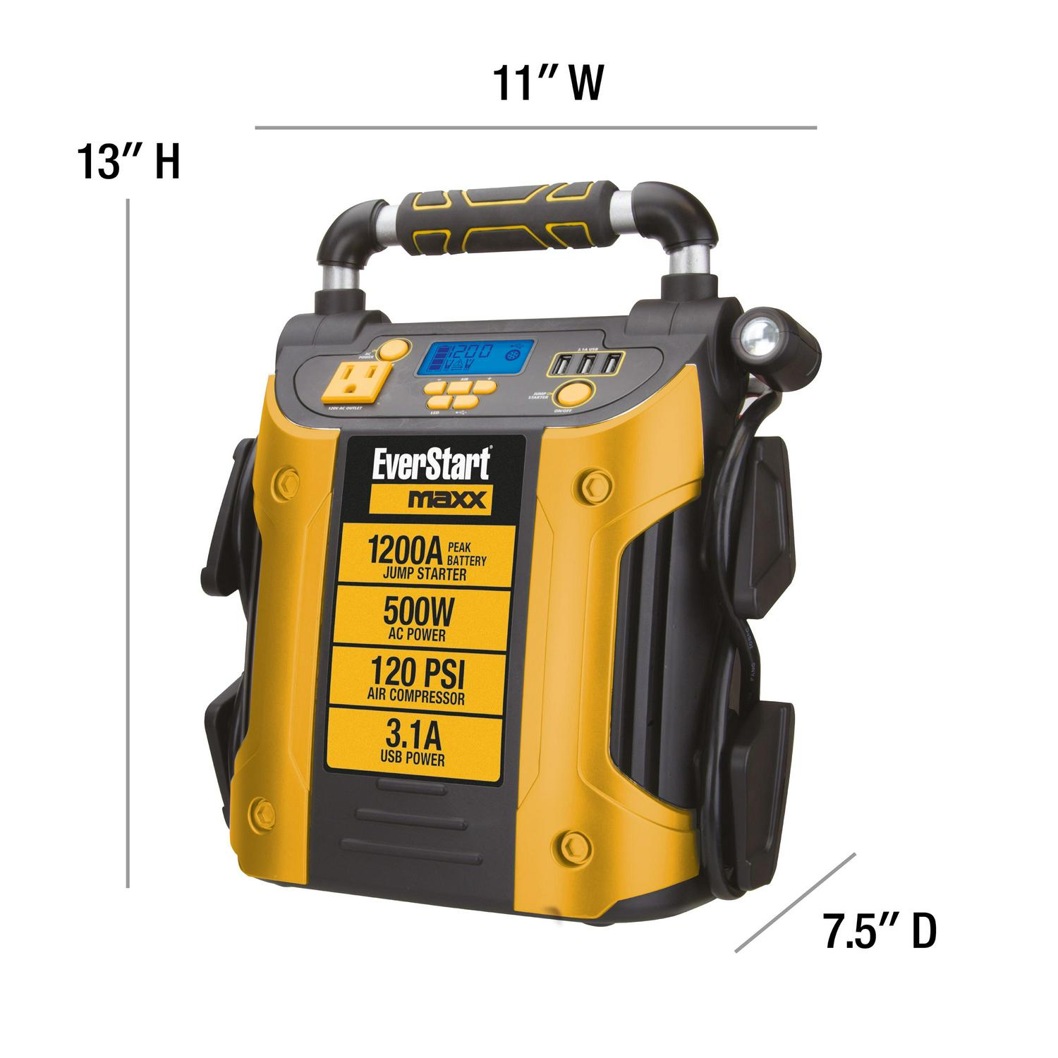 J5CPDE Jump Starter, Power Station, 1200 Peak Battery Amps with 500W Inverter and 120 PSI Compressor